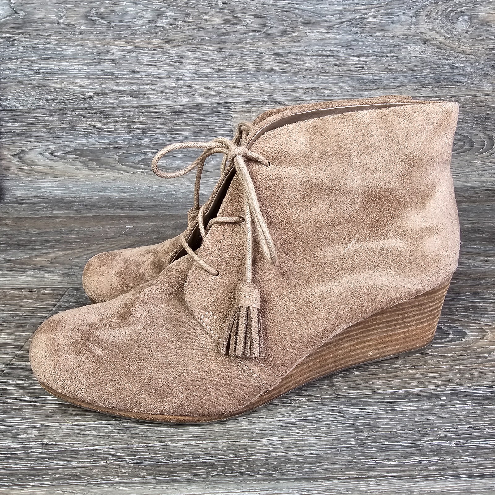 Dr Scholls Dakota Suede Leather Wedge Boots Shoes Women’s 9.5 Brown Taupe Tassel