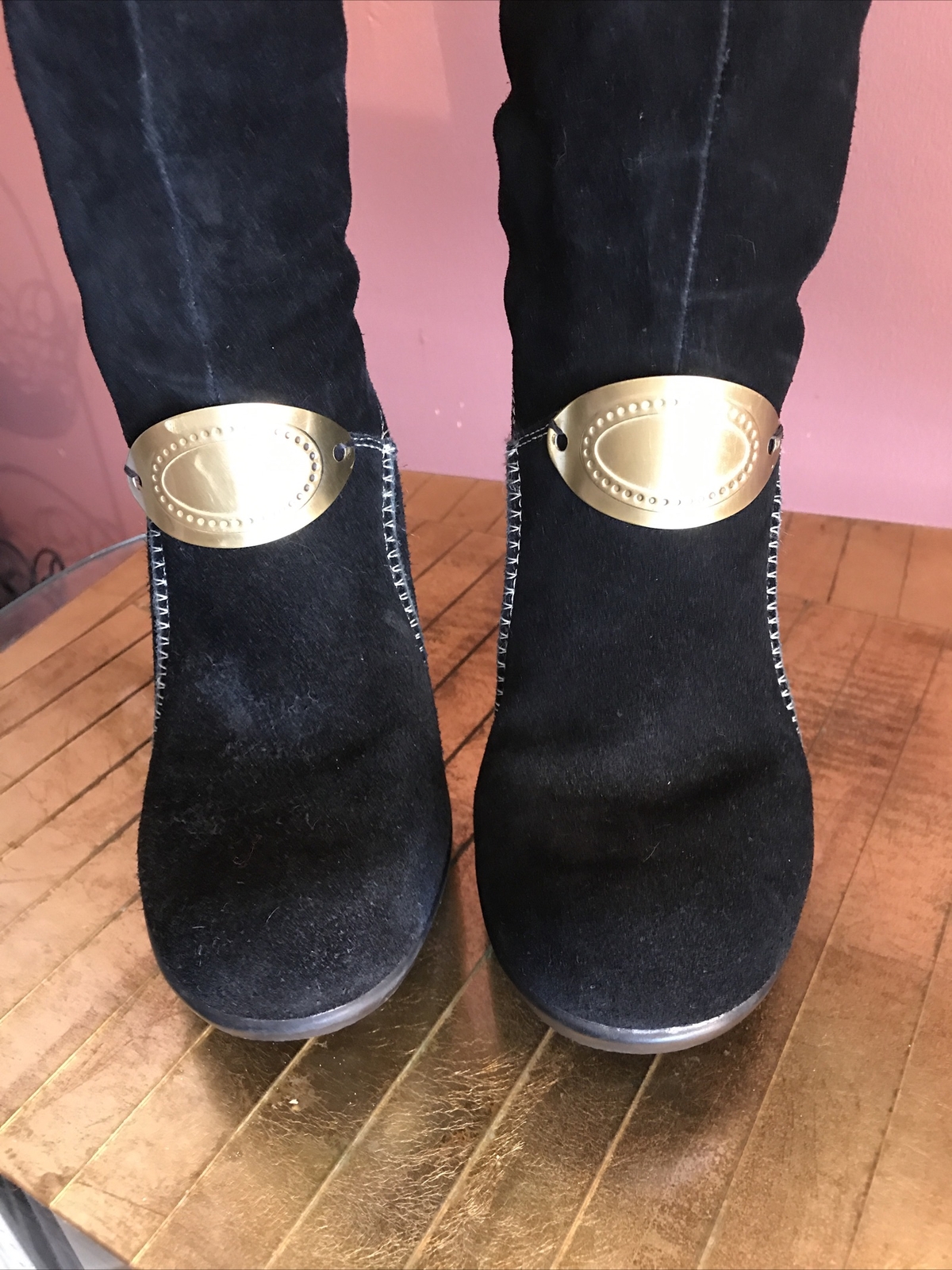 Handmade GORGEOUS BLACK SUEDE & FOX NATURAL FUR wedge BOOTS sz US 7.0
