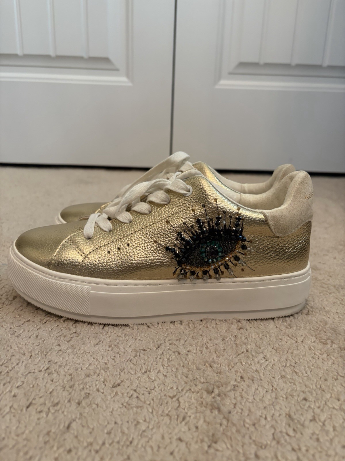 Kurt Geiger London Laney Eye Embellished Gold Leather Platform Sneakers Size 40