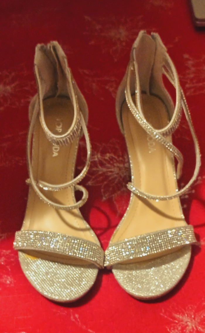 TOP MODA Women’s Gold Glitter Strappy Ankle Strap Open Toe Block Heels 7.5
