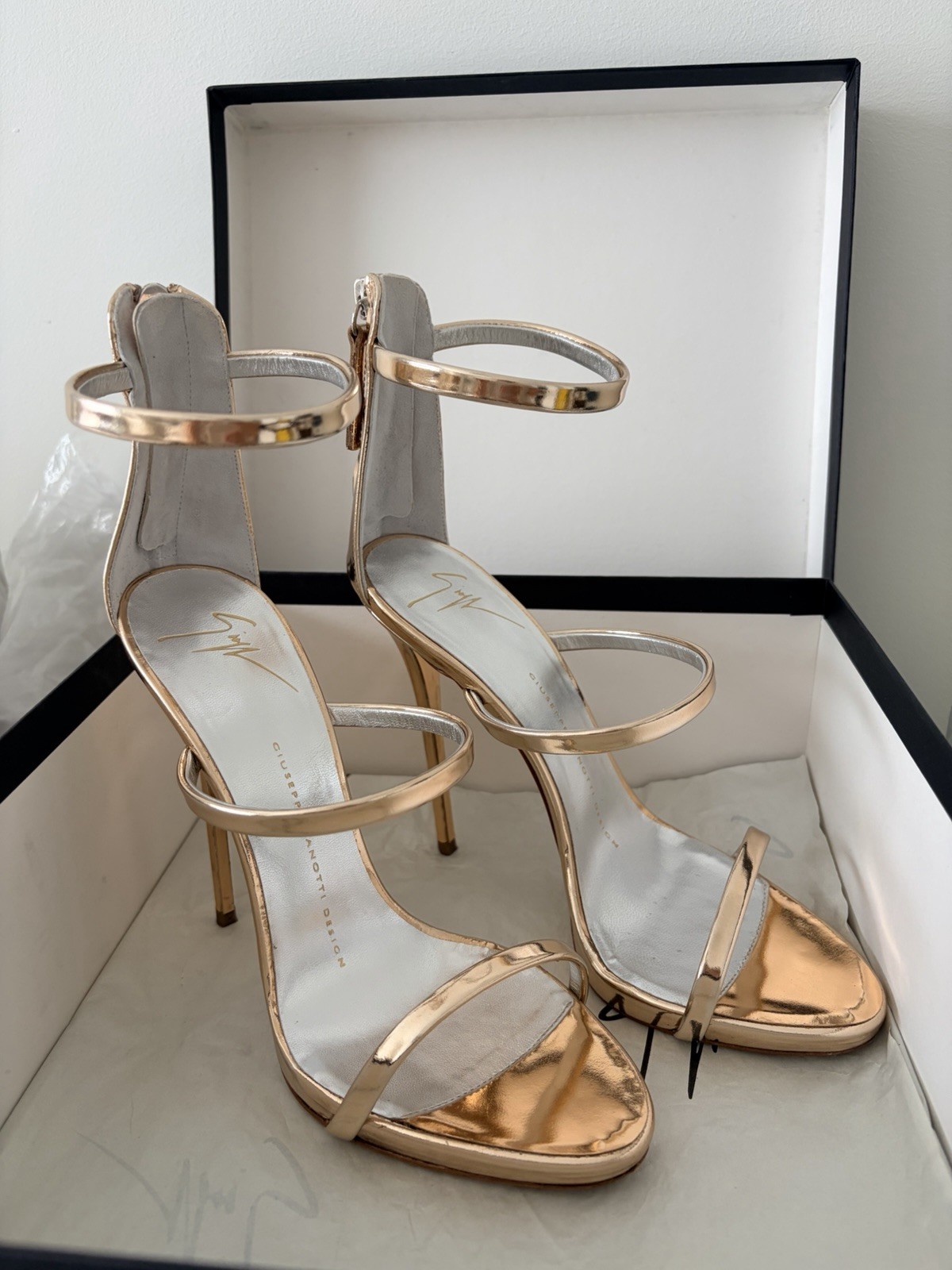 Giuseppe Zanotti Gold Strappy Open Toe Ankle Strap Stiletto Heels 37.5