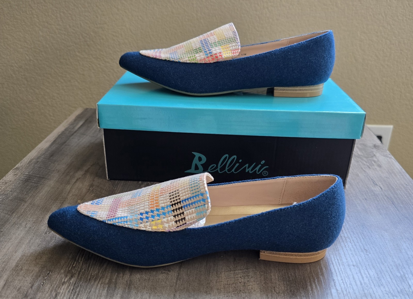 Bellini Ferris Pointed Toe Loafer Flats Blue Multi Woven Womens Sz 6.5 New w/box