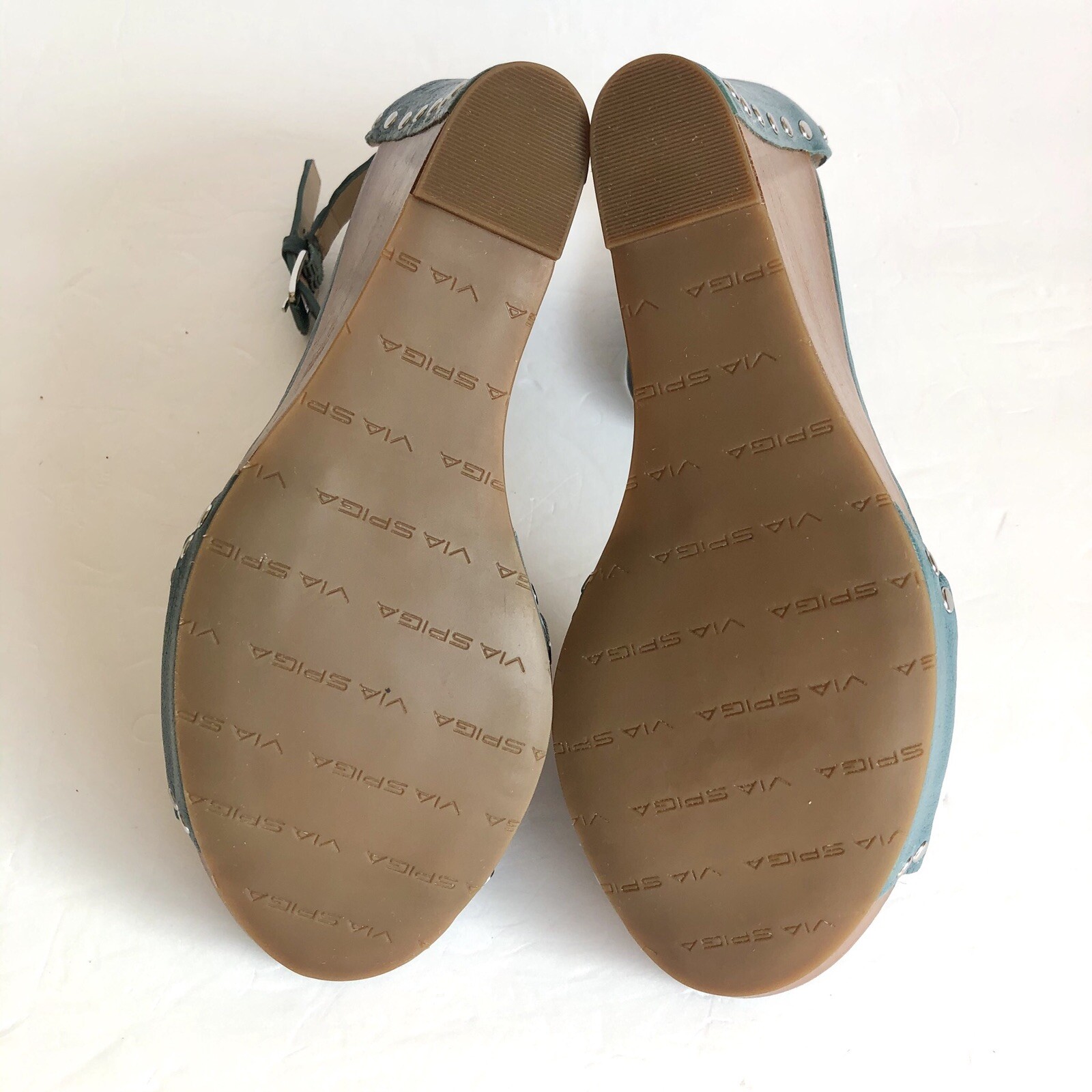 Via Spiga Mercato Turquoise Leather Studded Wedge Sandals Size 10 M