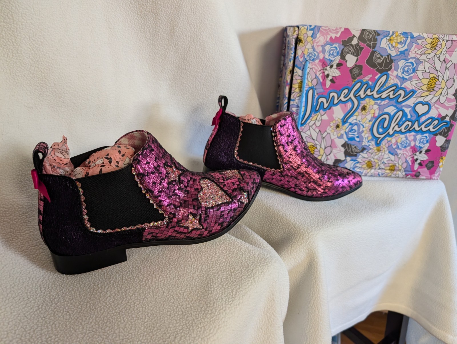 Irregular Choice Starlight Impress Pink Glitter Chelsea Boots UK 39/US 8 NIB