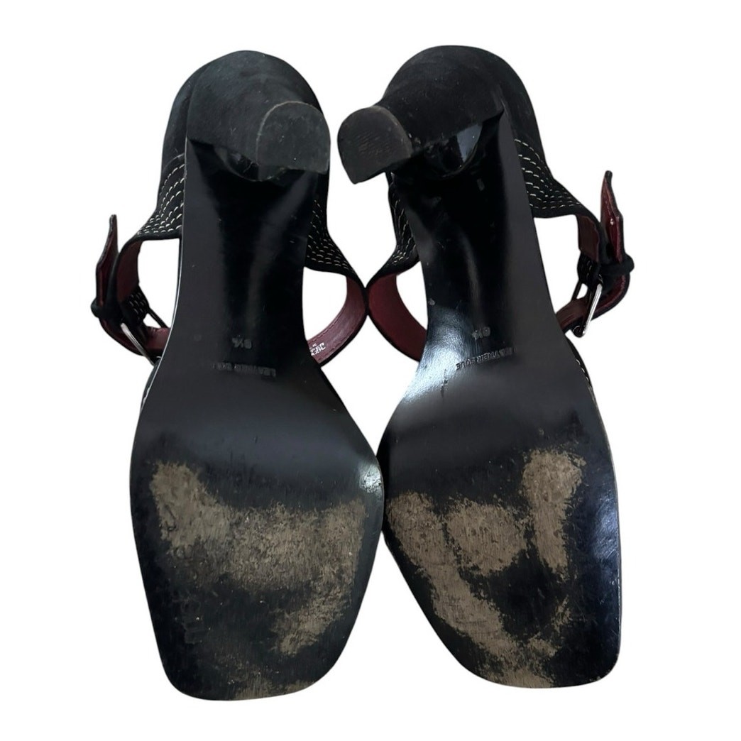 Vintage Michelle K Ankle Strap Heels Size 8.5 Black Suede Whipstitch Dance