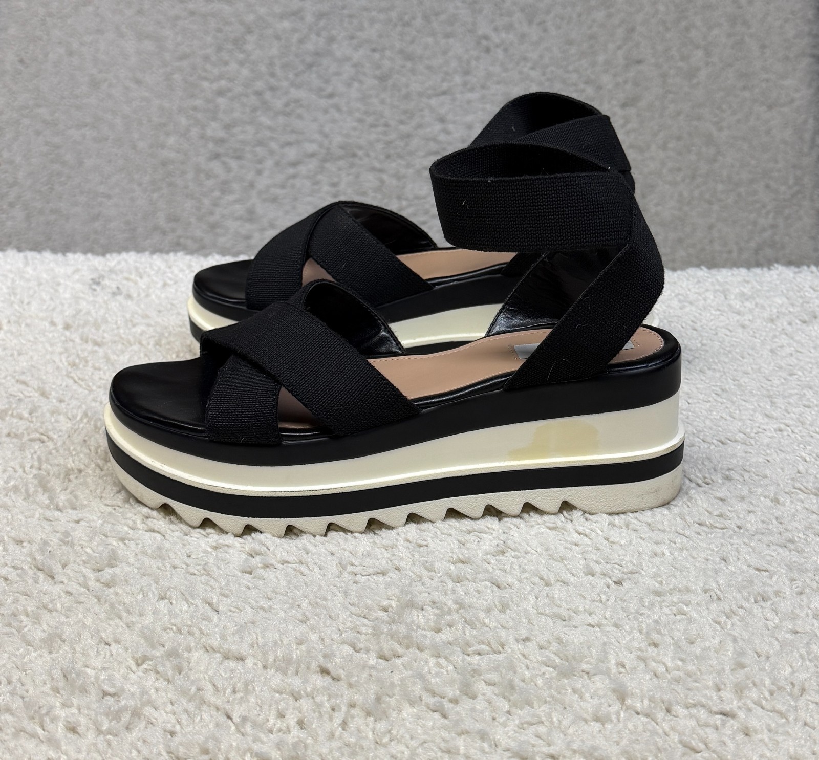 Steven New York Macon Wedge Black Elastic Ankle Strap Sandals Size 8.5 M