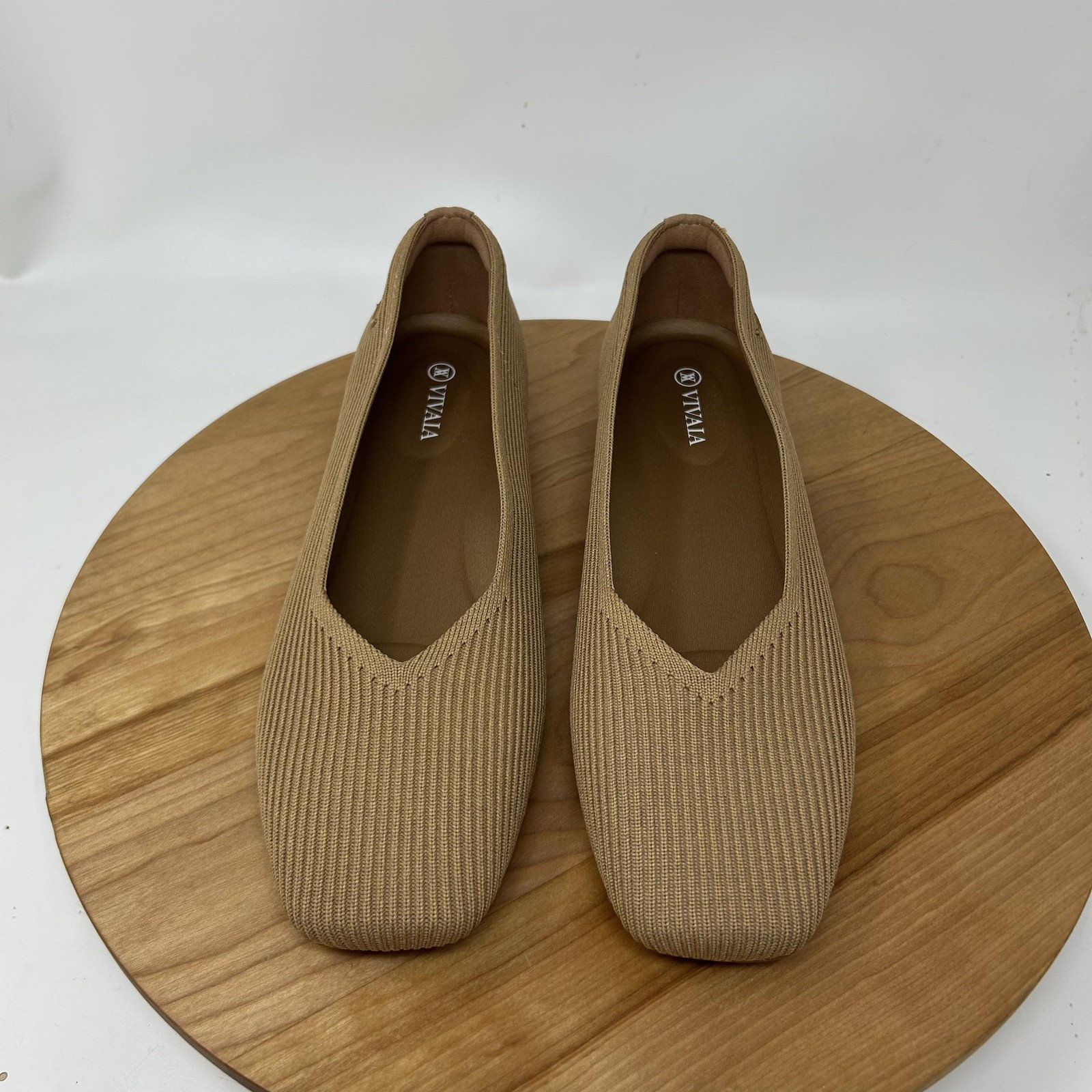 Vivaia Flats Womens 10.5 Margot 2.0 Square Toe V Cut Knit Beige Work Office Chic