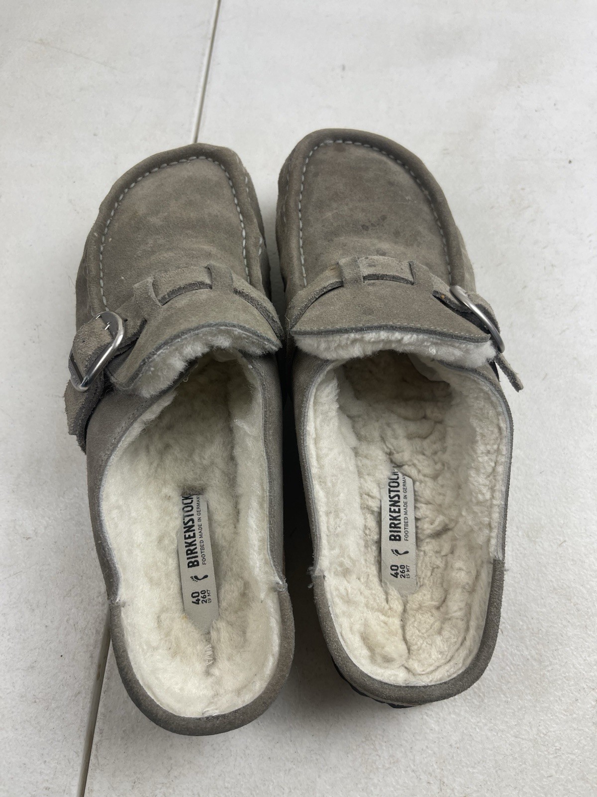 Women’s Size L9 40 Narrow Birkenstock Buckley Gray Taupe Suede Leather Clogs