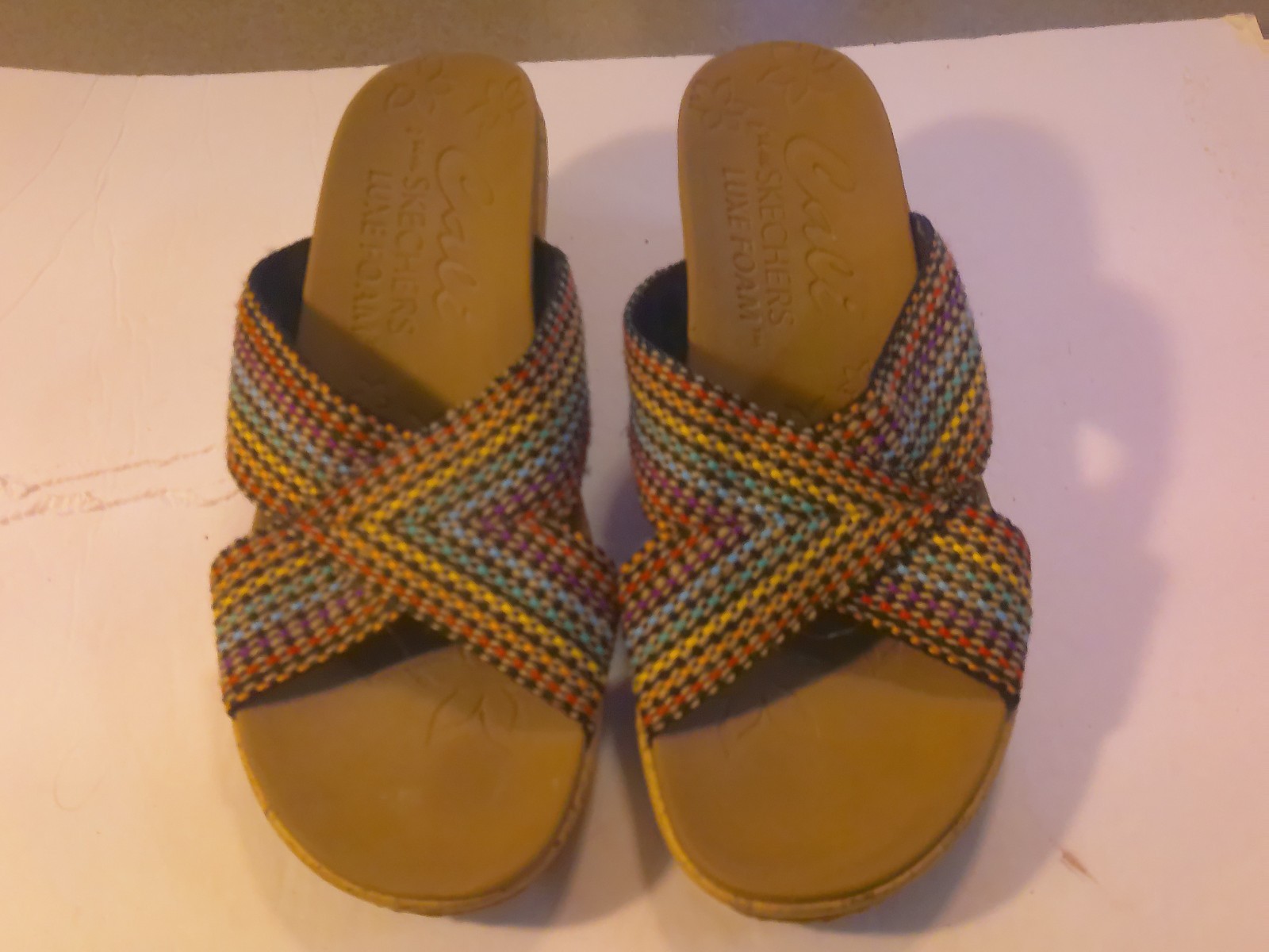 Cali From Skechers Luxe-Foam Sldes Sandals Wedges Womens Sz 9.5 SN38554 Rainbow