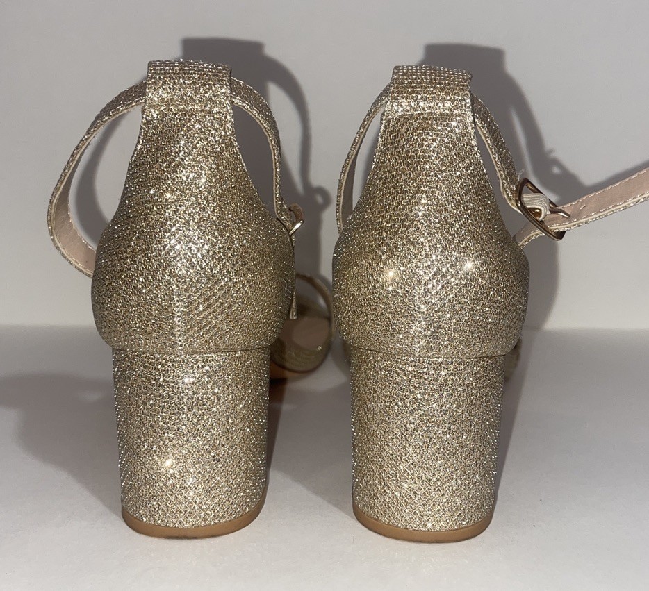 Azazie Gold Glitter Block Heel Sandals Size 38 Prom Wedding Formal Heel US 7.5/8