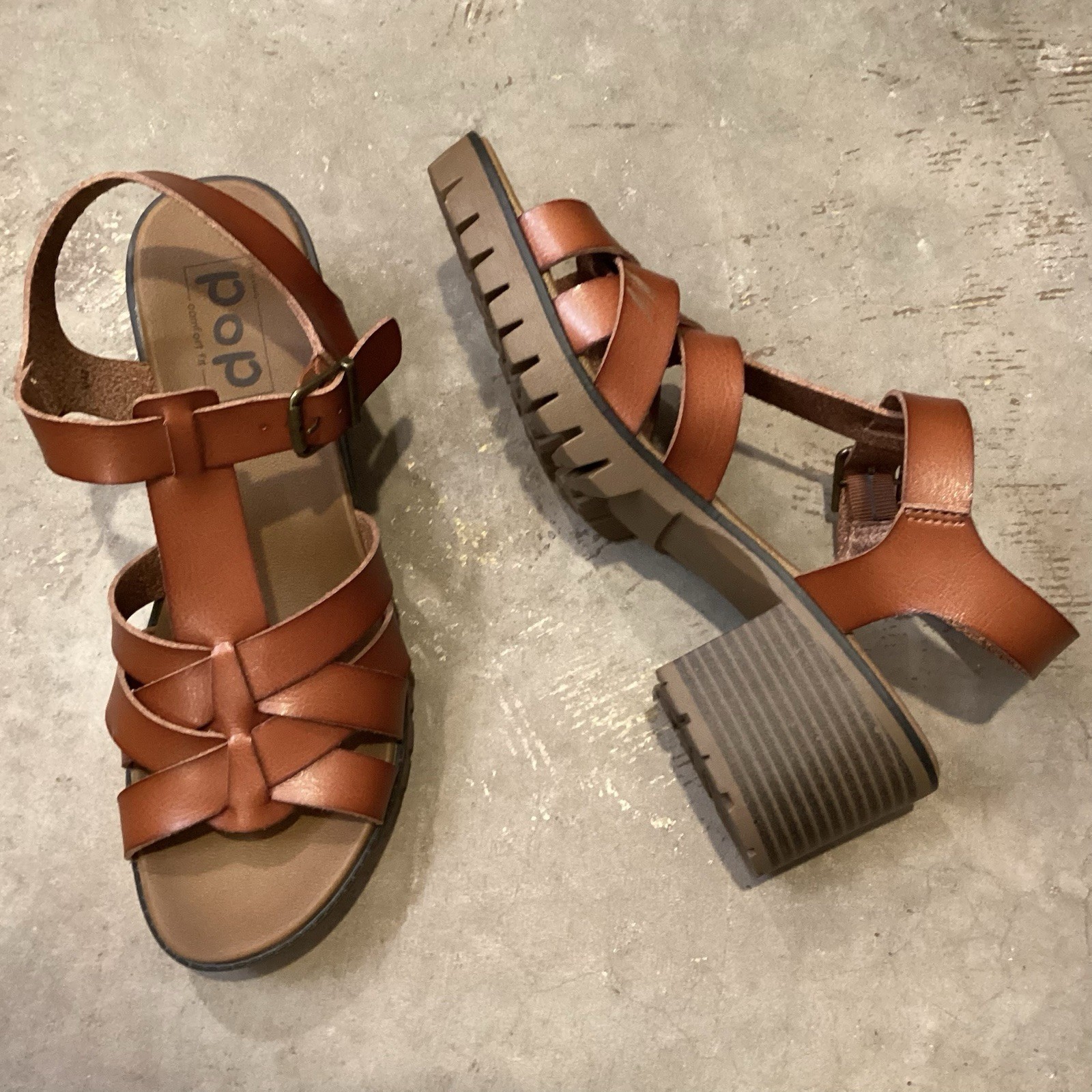 POP Comfort Fit Sandals Block Heel Chunky Strappy Leather Cognac Size 9 Women’s
