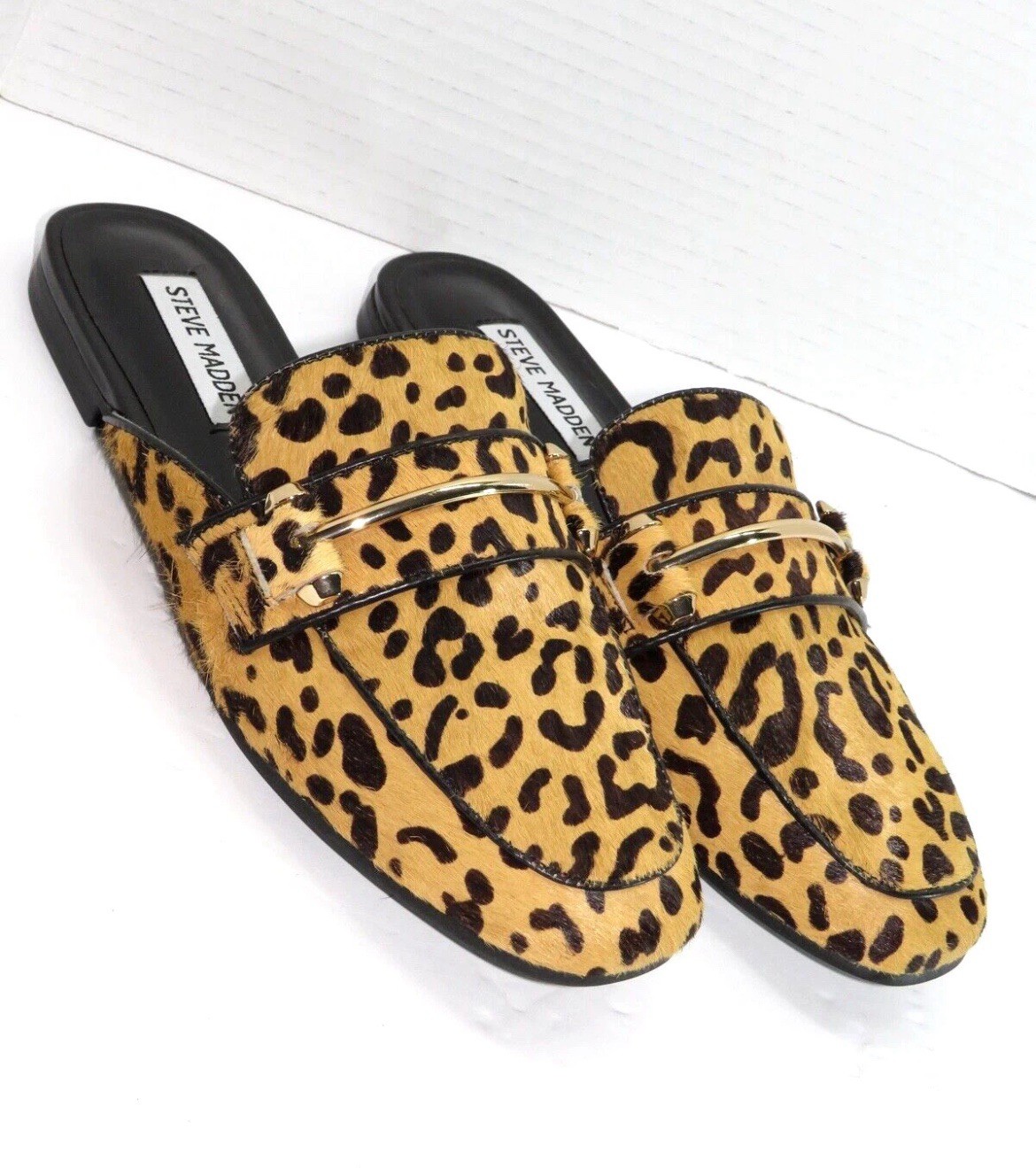 STEVE MADDEN Tan Black Horsebit Leopard Cow Hair Mule SZ 7.5