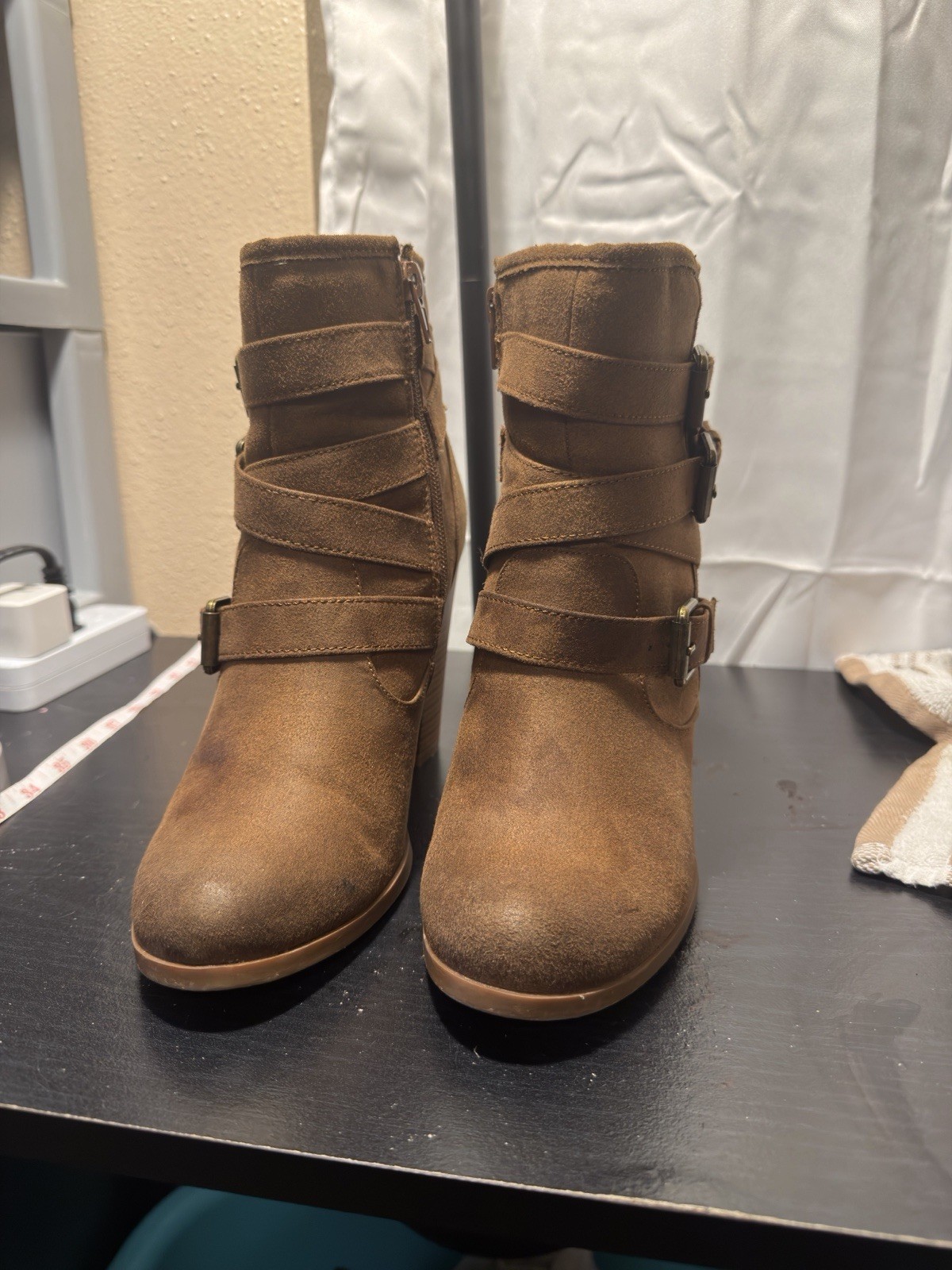 Just Fab brown suede ankle boots with buckle straps and zipper