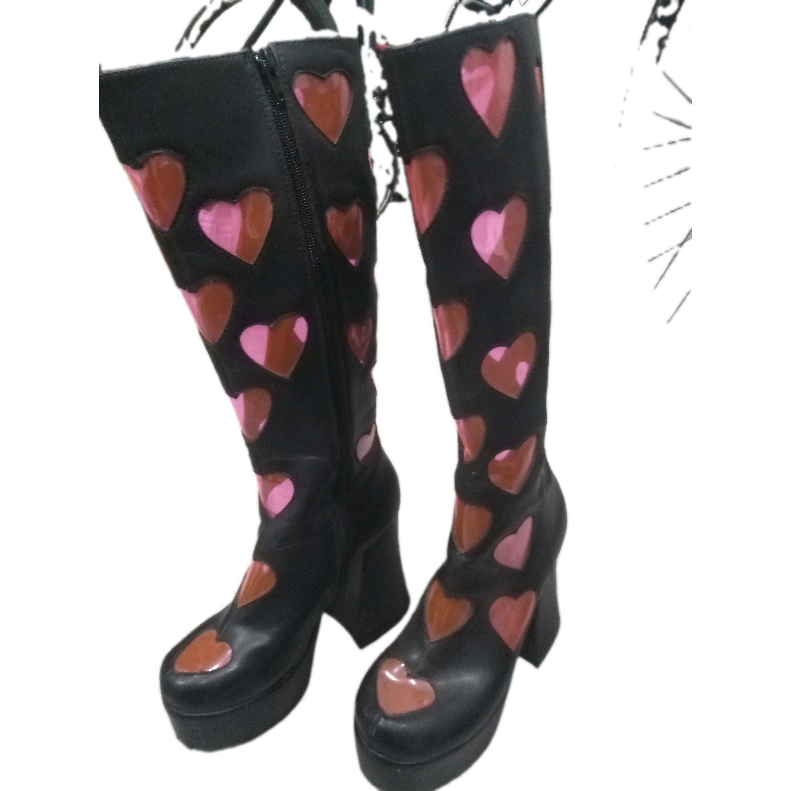Sugarthrillz Women’s Black Gogo Boots with Pink Heart Details, 4 inch platform
