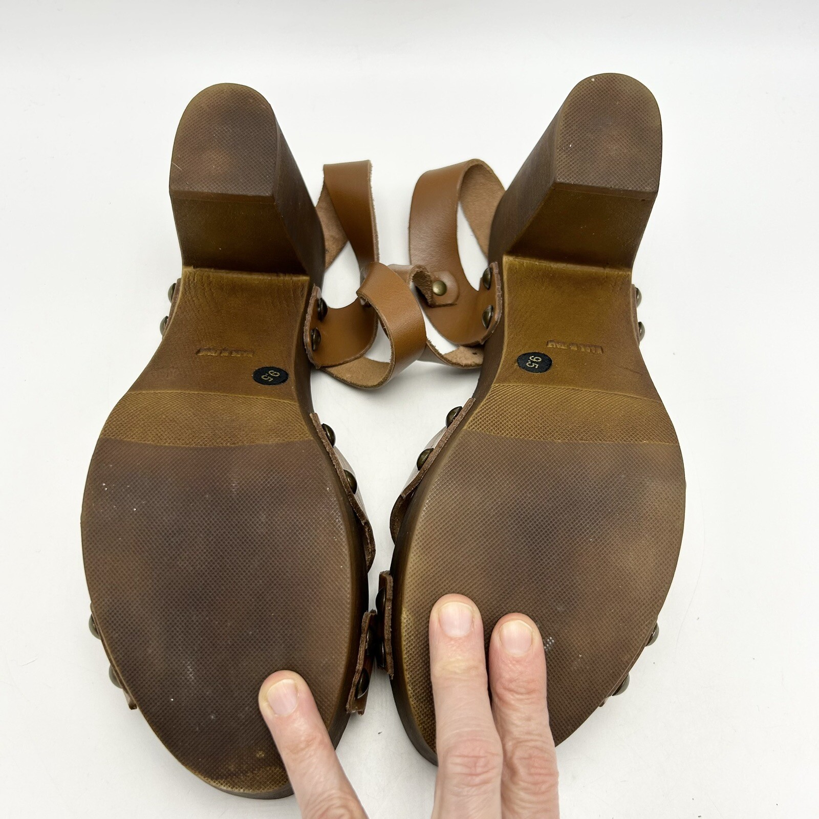 Mariella Sandals Womens 9.5 M Brown Leather Block Heels Wood Look Made in Italy