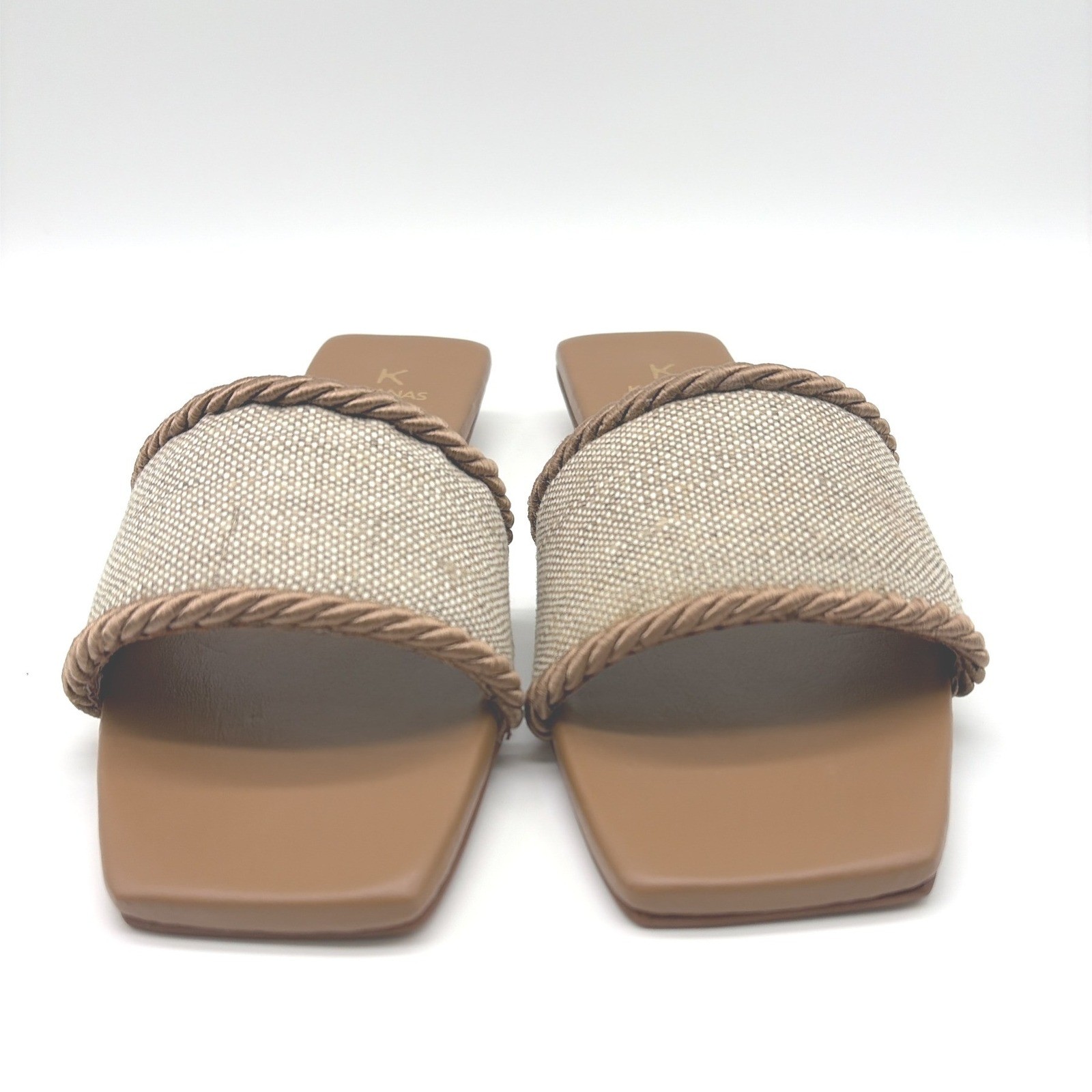 KAANAS Finn Caramel Linen Rope Trim Square Toe Flat Slide Sandals Size 7 NIB