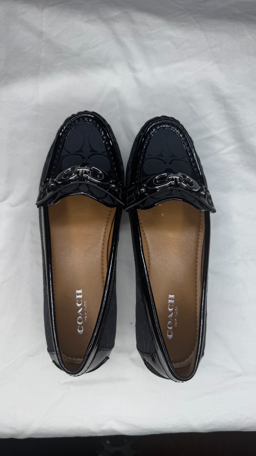 Coach Amber Signature C Canvas Loafers Black Patent Leather Flats Women’s Size 6