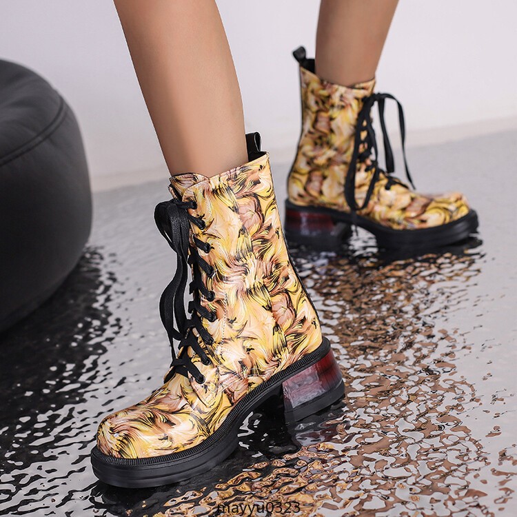 Women’s Mid Cuban Heel Ankle Boots Knight Printed Casual Lace Up Winter Shoes
