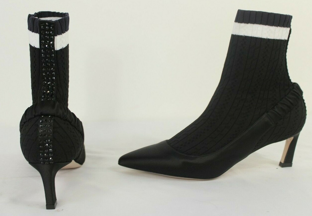 Stuart Weitzman Black Bling Rhinestone Silk Satin Sock Pump Bootie Women’s 37/ 7