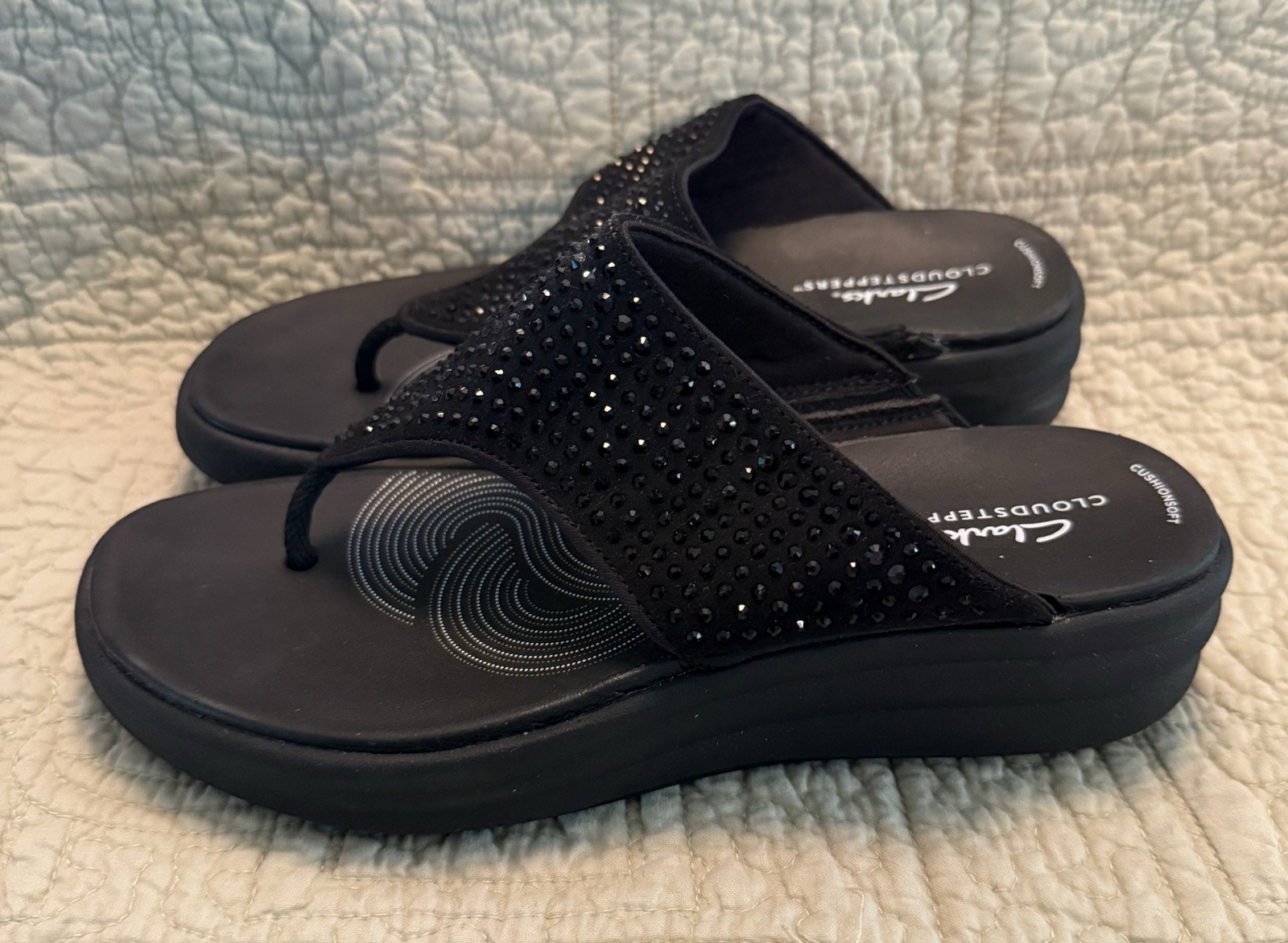 Clarks Drift Jaunt Cloud Steppers Sandals Rhinestone Thong Platform Black 6.5