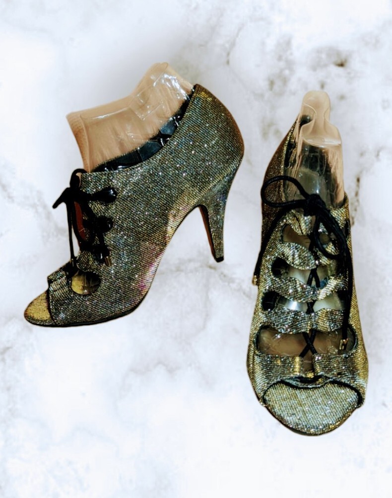 FIONI NIGHT High Heels Lace Up STRAPPY Black Silver GOLD SPARKLE Peep Toe Size 9
