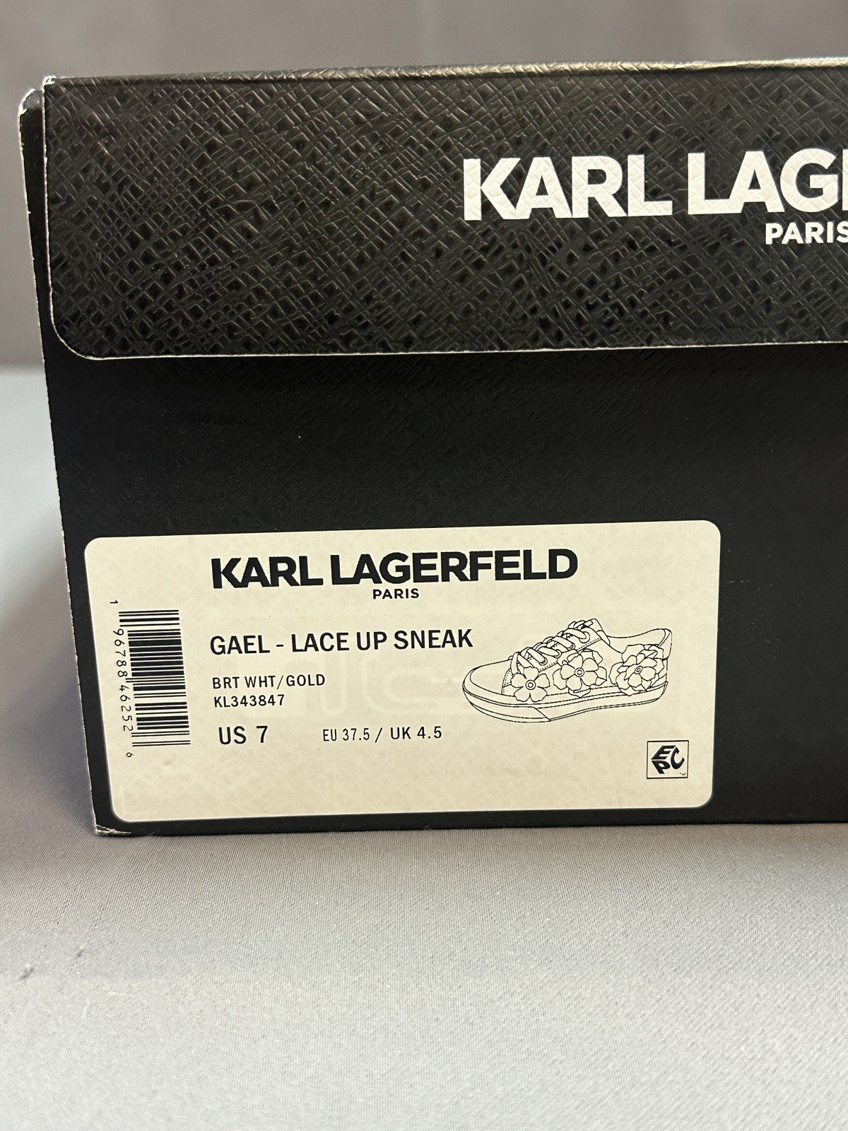 New Karl Lagerfeld Paris Women’s Gael Flower Sneakers – Bright White/Gold – US 7