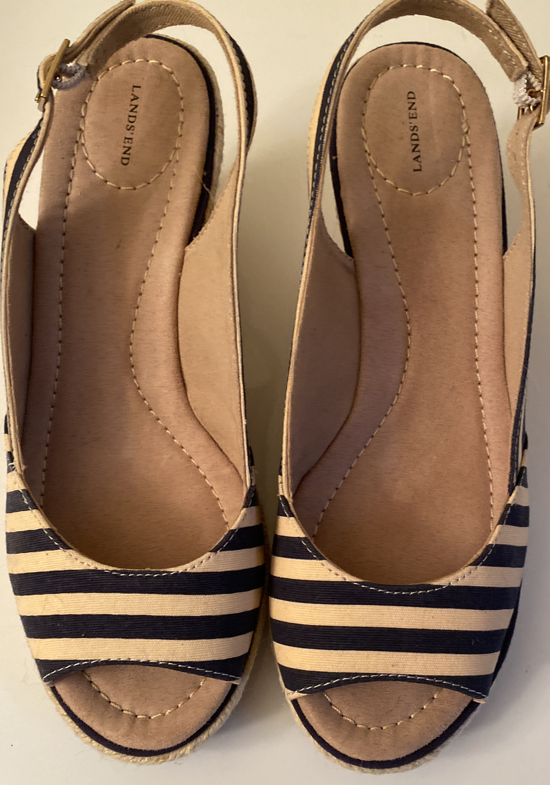 Lands End Mid Wedge Sandal Deep Sea Navy Beige Stripe Womens 8M Presley
