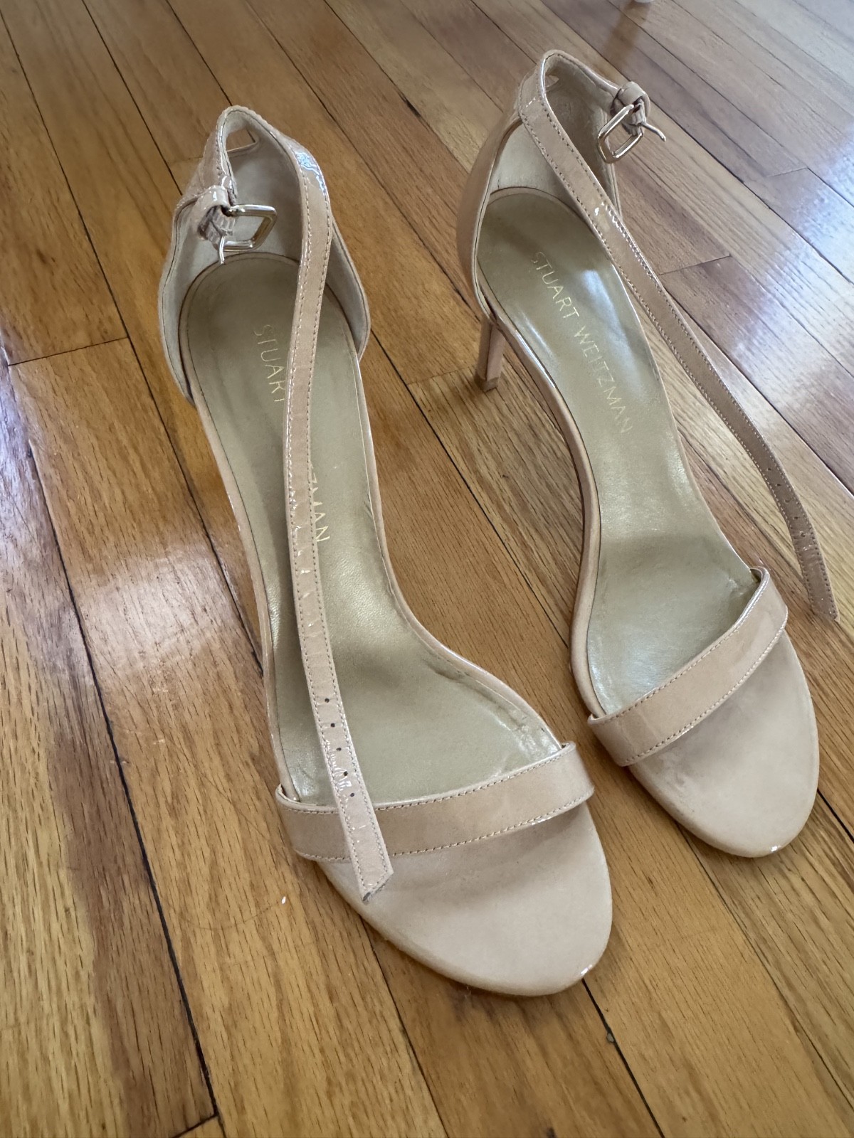Stuart Weitzman Nude Patent Leather Ankle Strap Stiletto Sandal Size 7.5
