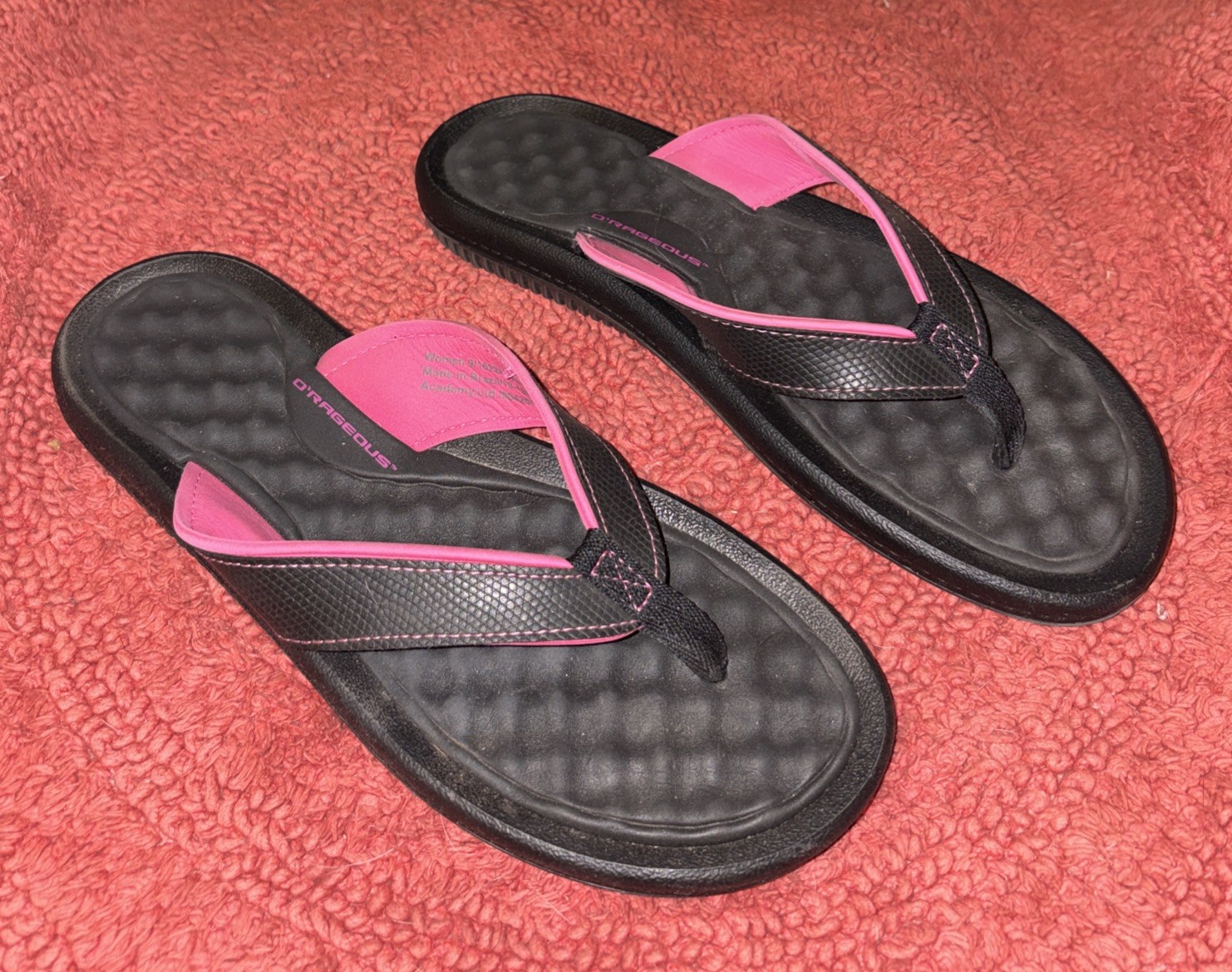 O’Rageous Women’s EVA Foam Padded Flip Flops Black Pink Trim Thong Sandal Sz 9 M