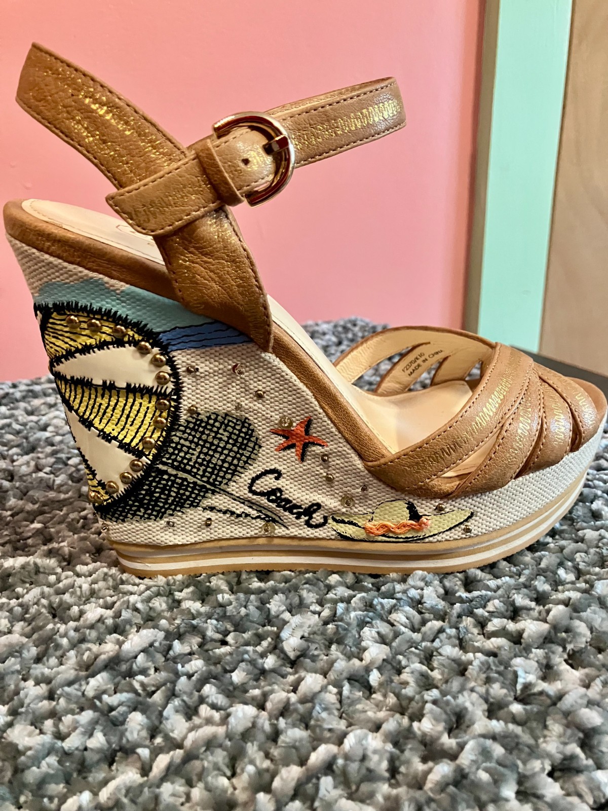 Rare Y2K COACH Caroline Leather Beach Wedge Sandal, size 5