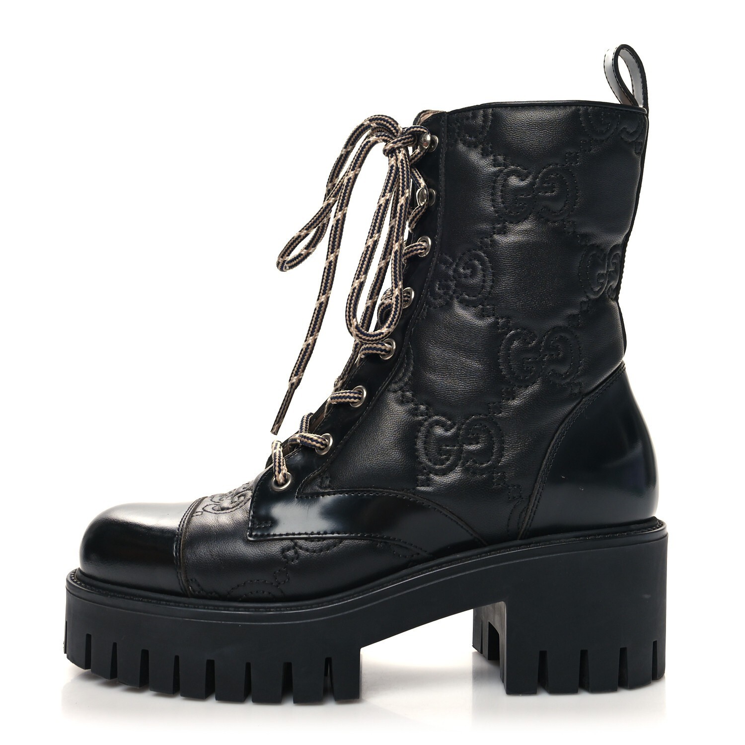 AUTHENTIC GUCCI BLACK QUILTED LACE UP LEATHER GG LOGO COMBAT BOOTS SZ 39.5 #SH9
