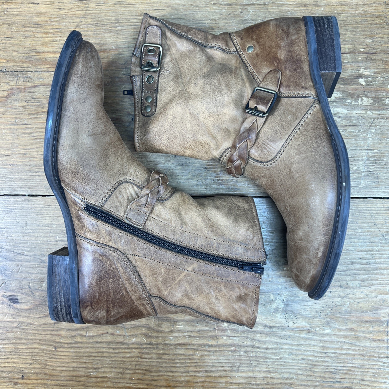Paul Green Nathan Brown Moto Biker Braided Zip Up Boots Size 7.5 UK 5.5 Leather
