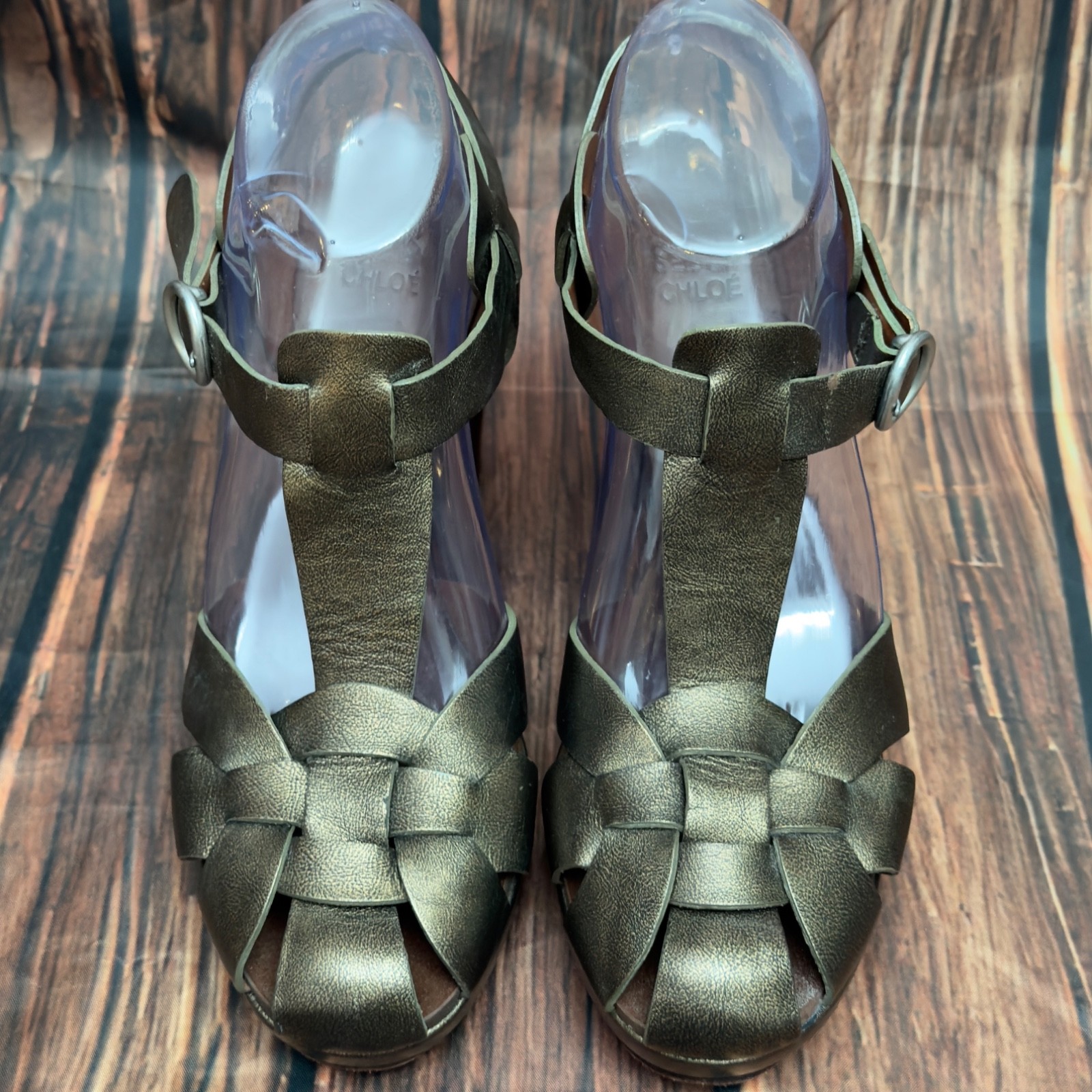 See by Chloé Metallic Bronze Woven Leather Platform Sandals Size 40 T-Strap