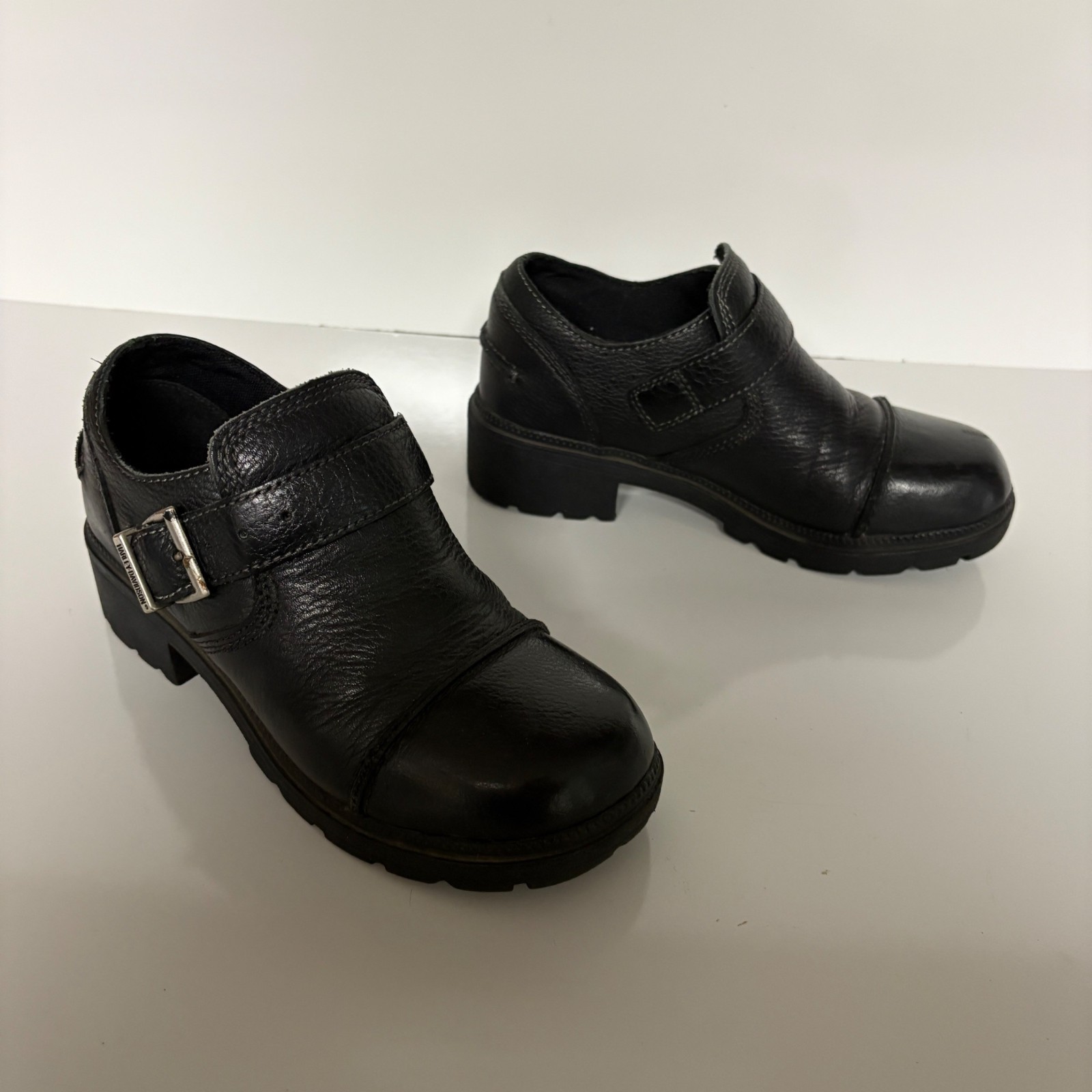 Harley Davidson Black Leather Slip-On Shoes Womens Size 6.5 Buckle Moto Biker