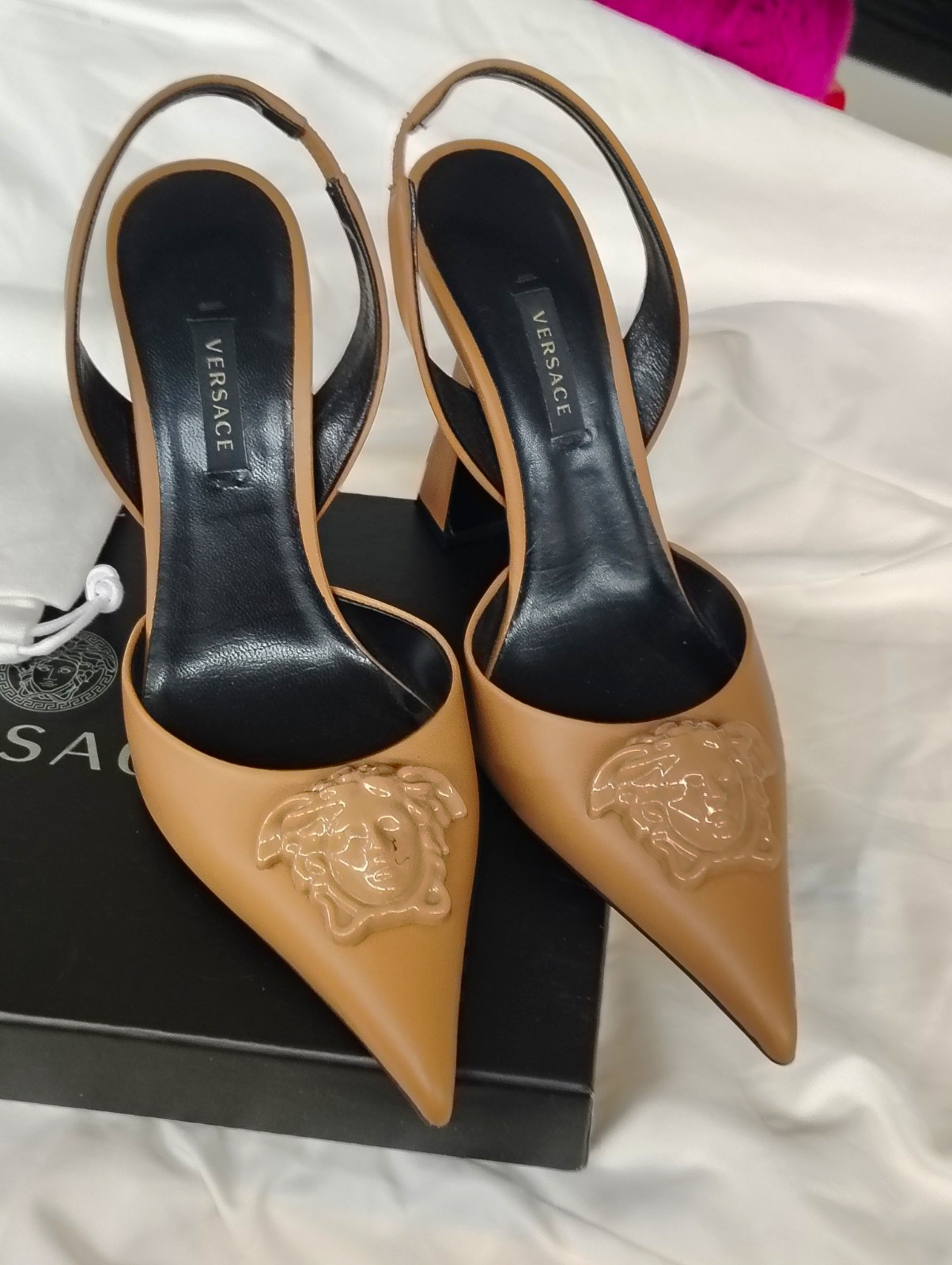 Versace Tan Leather Medusa Slingback Pointed Toe Women’s Pumps EU 36 US 6