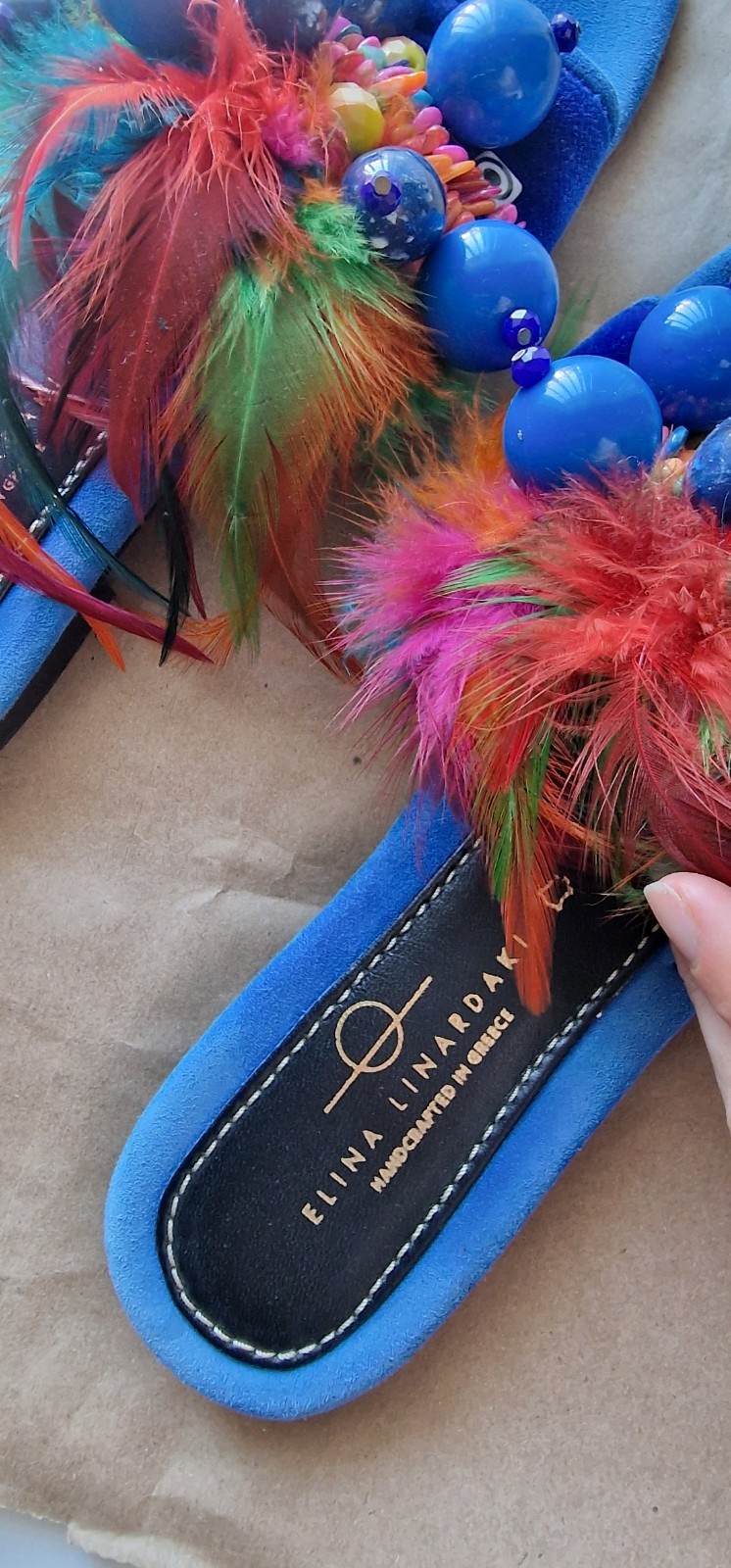 Elina Linardaki Blue Suede Feather Beaded Slide Sandals Handcrafted Greece EU 38