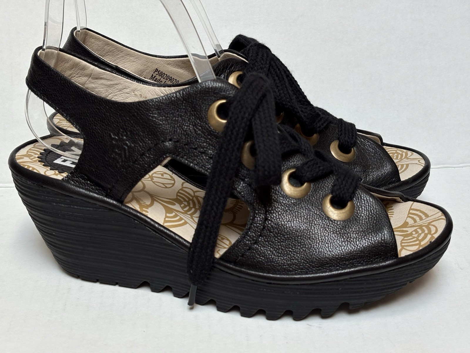 FLY London YLVA Women’s 38/7.5M Blk Leather Lace Up Wedge Slingback Sandals ~NEW