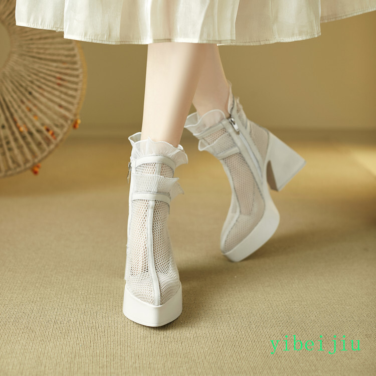 Women’s Ruffle Platform High Heel Fishnet Mesh Ankle Boots Lace Shoes Breathable