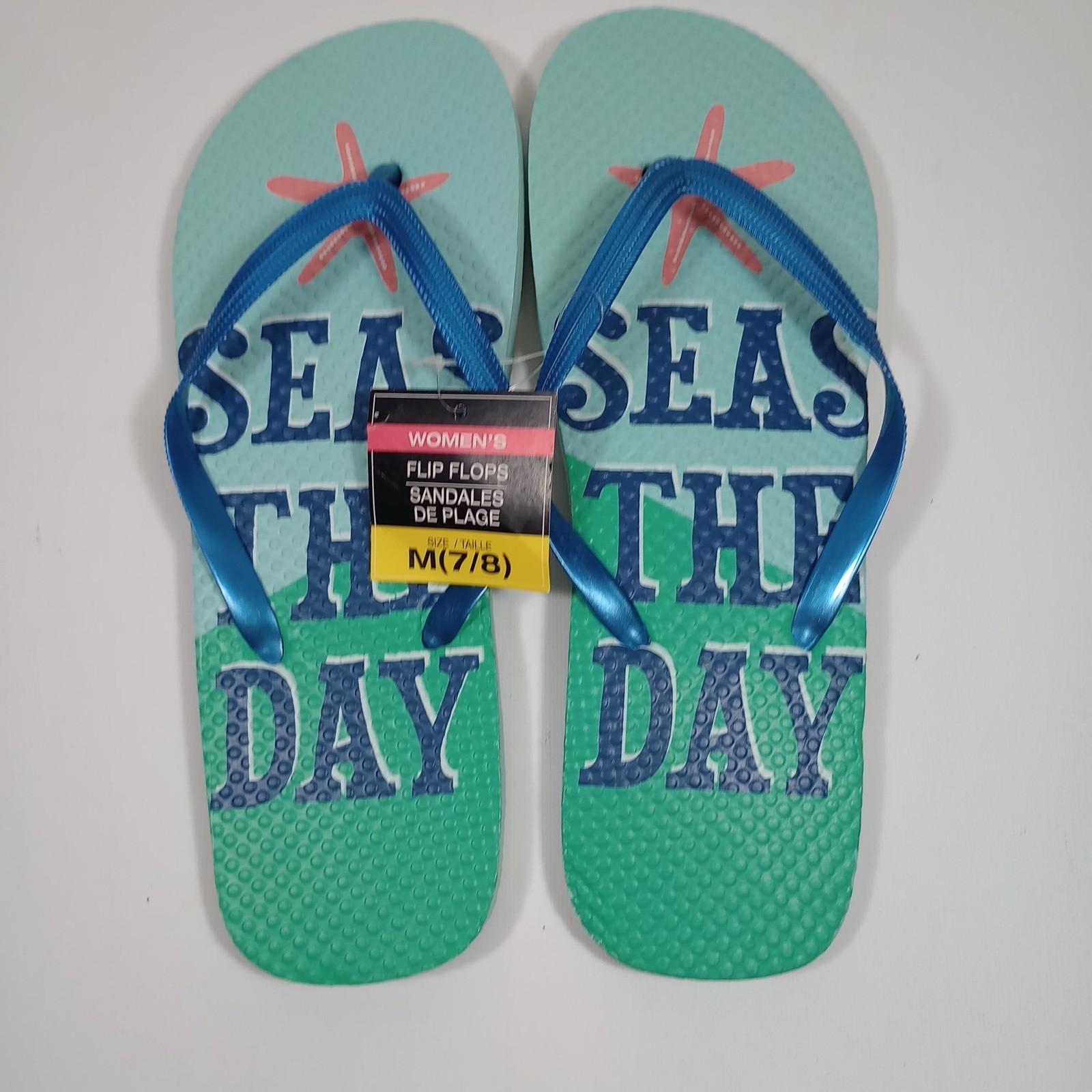NWT Juncture Womens Flip Flops Sandals M 7/8 Seas The Day Teal Starfish Beach