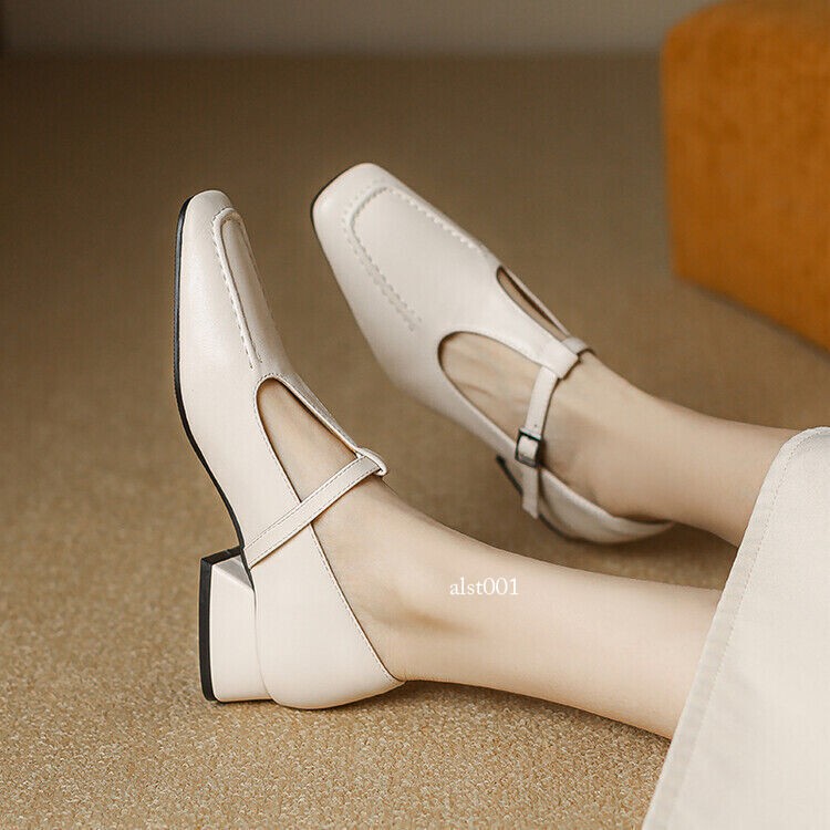 Vintage Faux Leather Mary Jane Womens Low Heels Square Toe T-Strap Shoes OL Pump