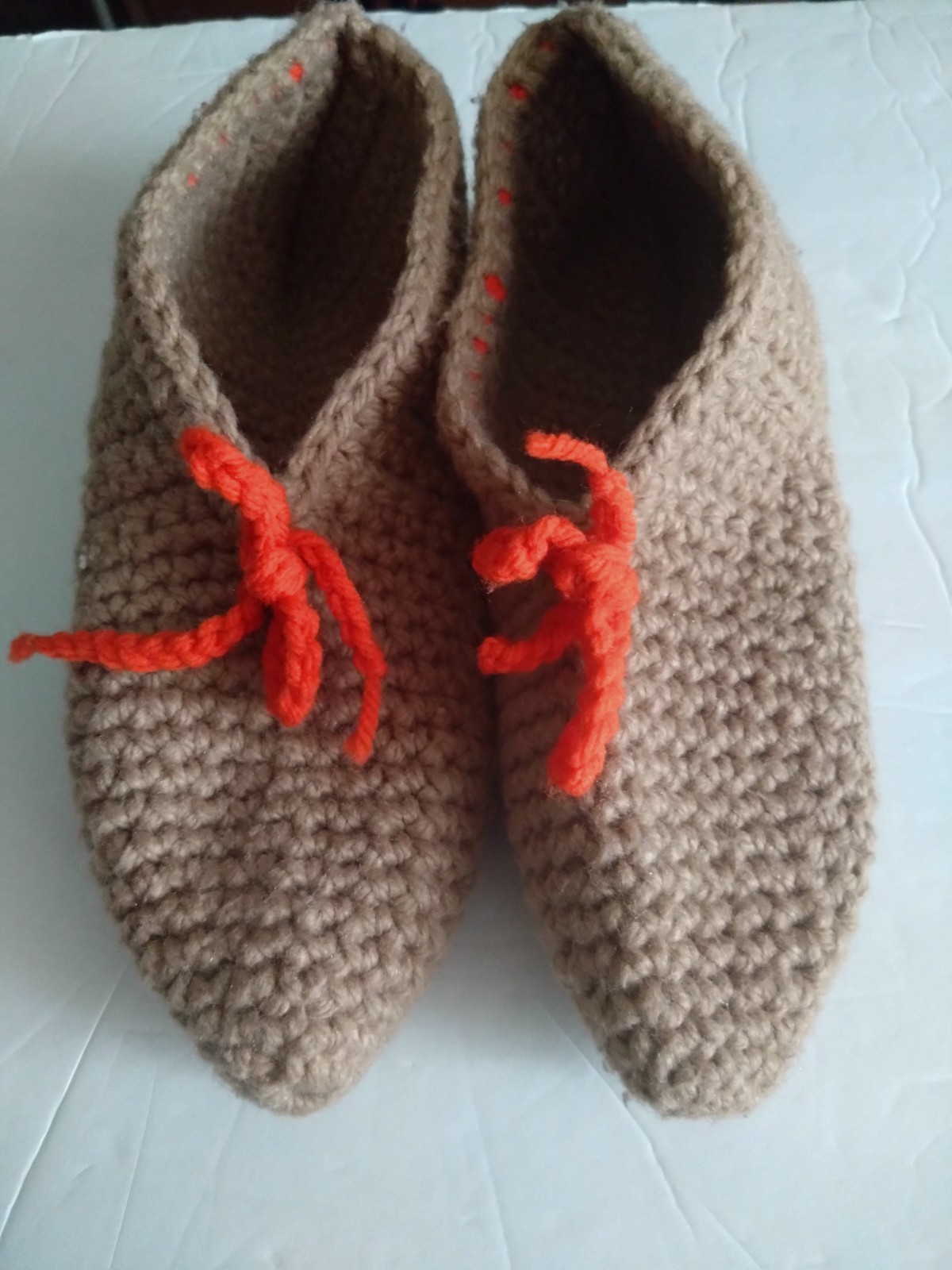Woman’s 7/8 Beige Orange Tie Handmade Crocheted Slip On Sock Slippers