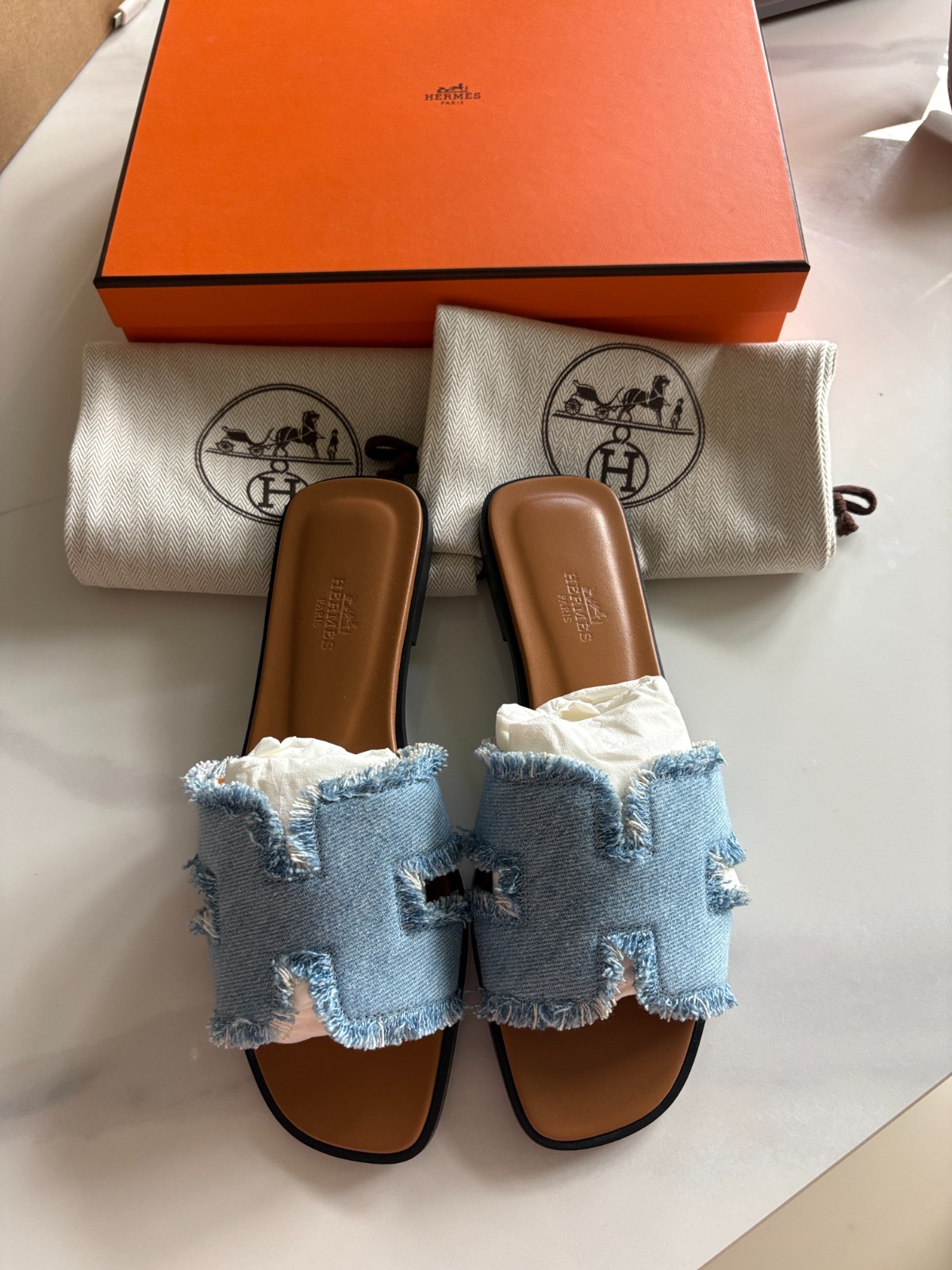 brand new hermes oran sandal denim fringe blue slide multiple 37 38 39 40 41