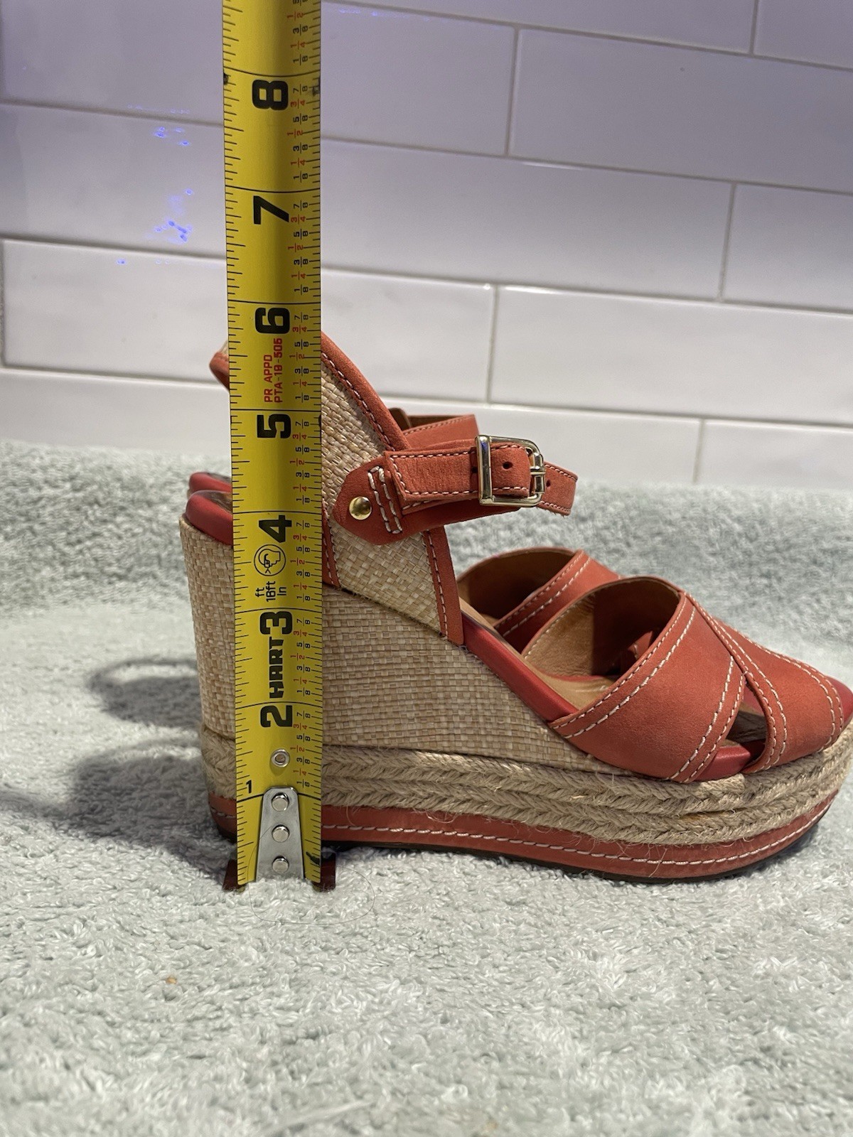 Clarks Orange/Beige Leather Wedge Espadrille Sandals Ankle Strap Buckle 5.5