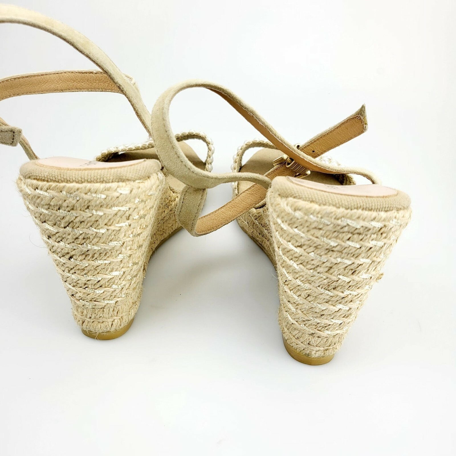 Boho Espadrille Wedge Sandals Womens 8 39 Tan Pearl Beaded Coastal Summer