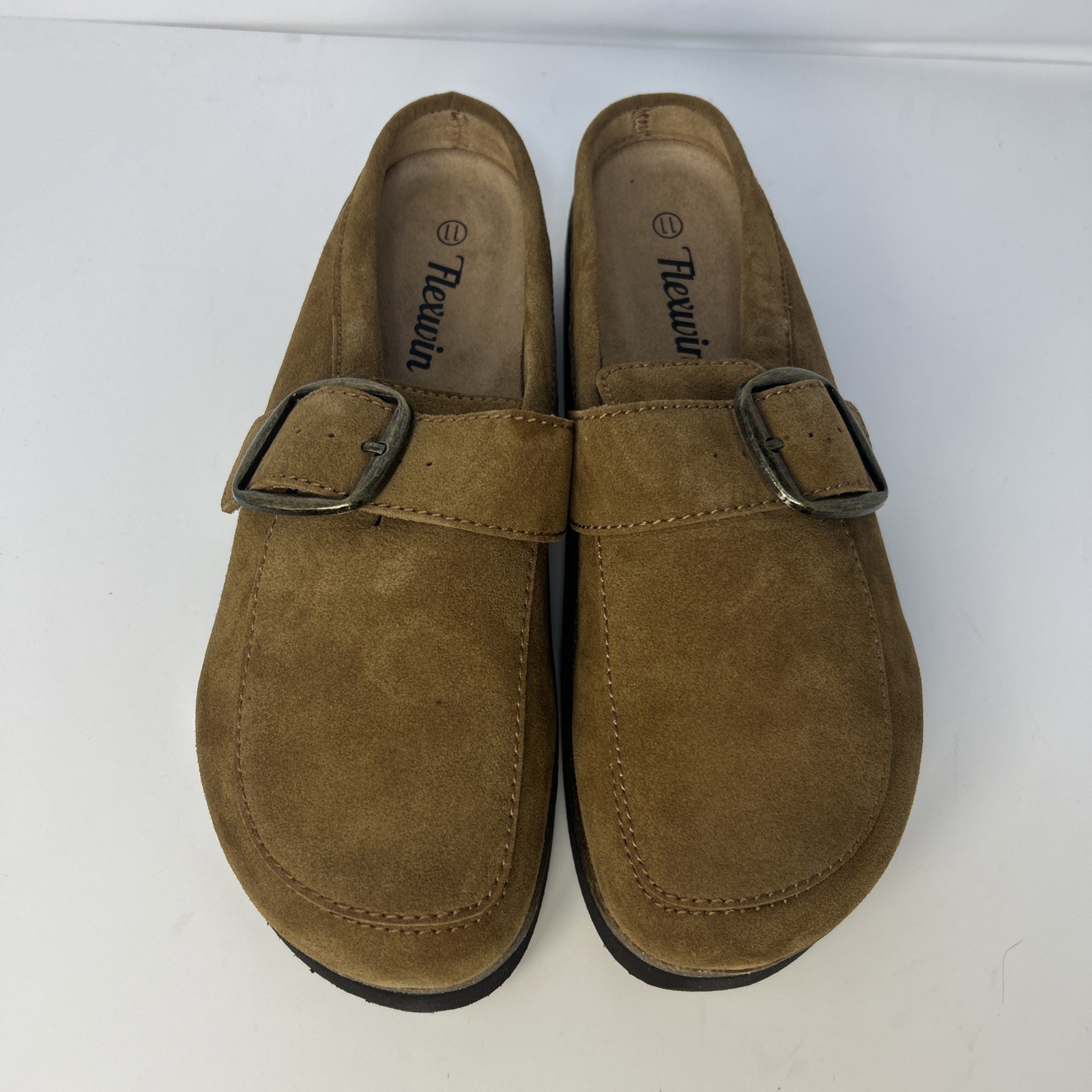 Flexwin Suede Clogs Women Size 11 Tan Mules Buckle Comfort Shoes NWB
