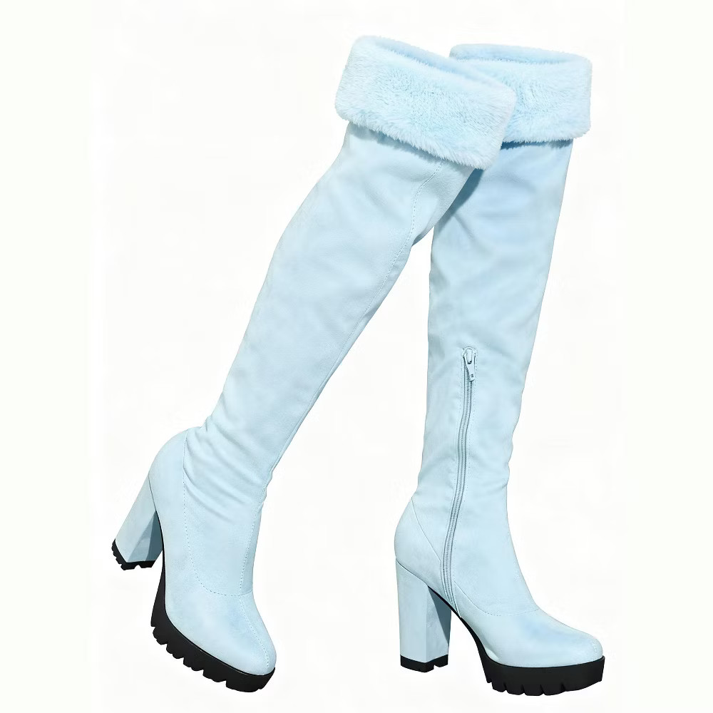 BLISSFUL STEP Women Chunky Heel Faux Fur Zipper Over Knee High Platform