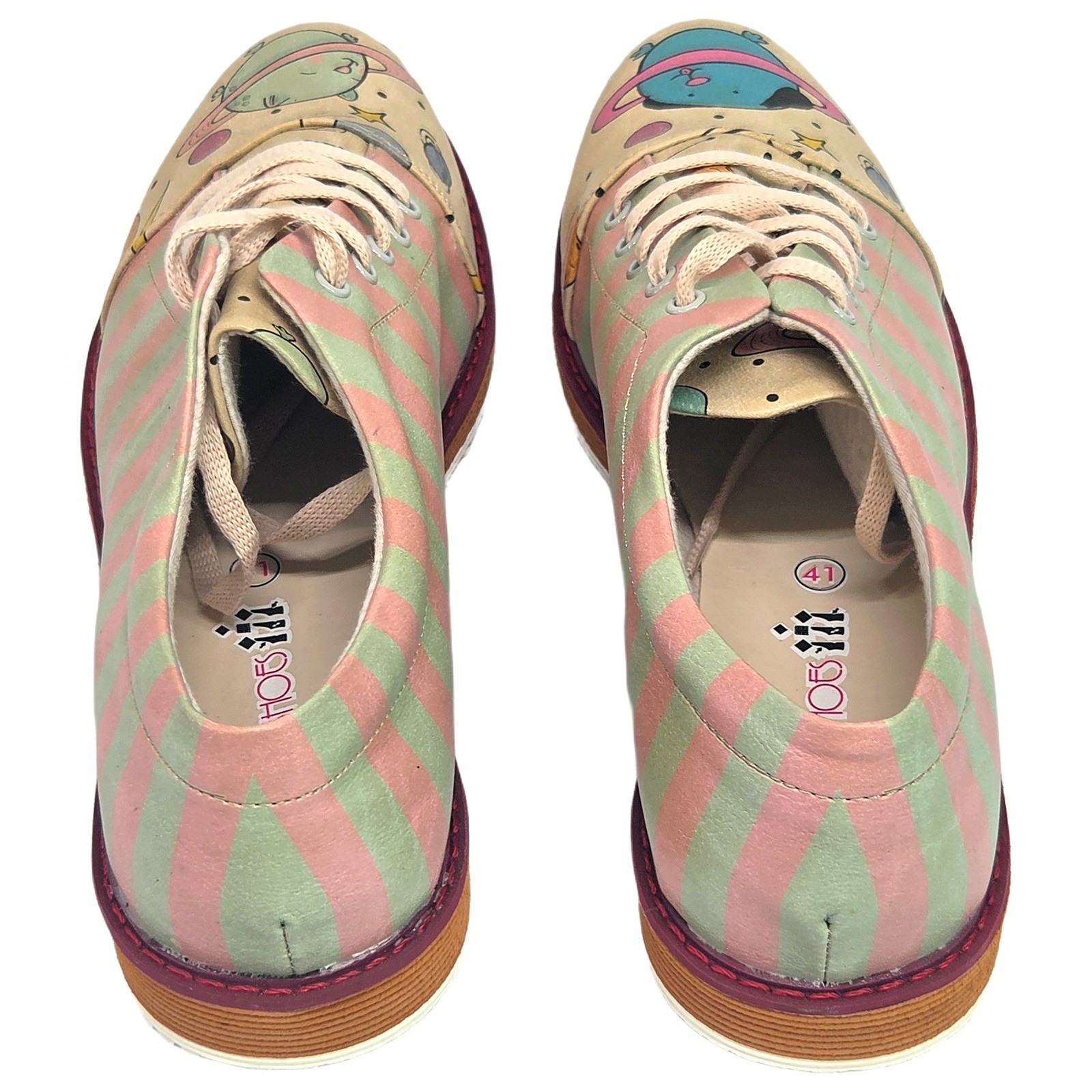 Space Cat Dog Dogo Shoes Women Oxford 41 Pink Green Striped Galaxy NWT