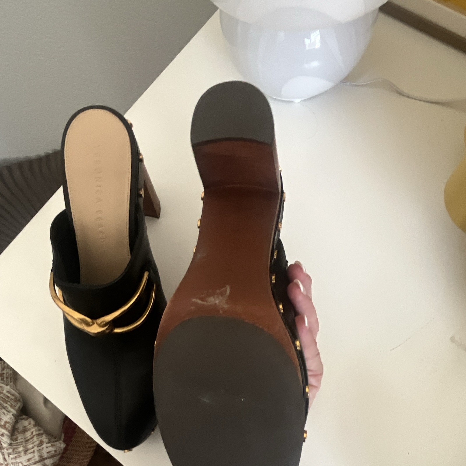 Veronica Beard Womens Black Leather Studded Mule Heels Gold Hardware Size 9