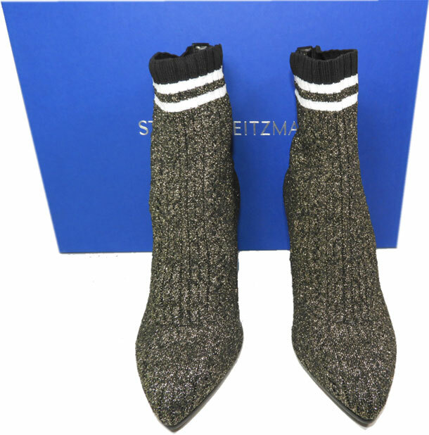 $575 Stuart Weitzman Waverly Boots Ankle Black Gold Stretch Sock Booties 10
