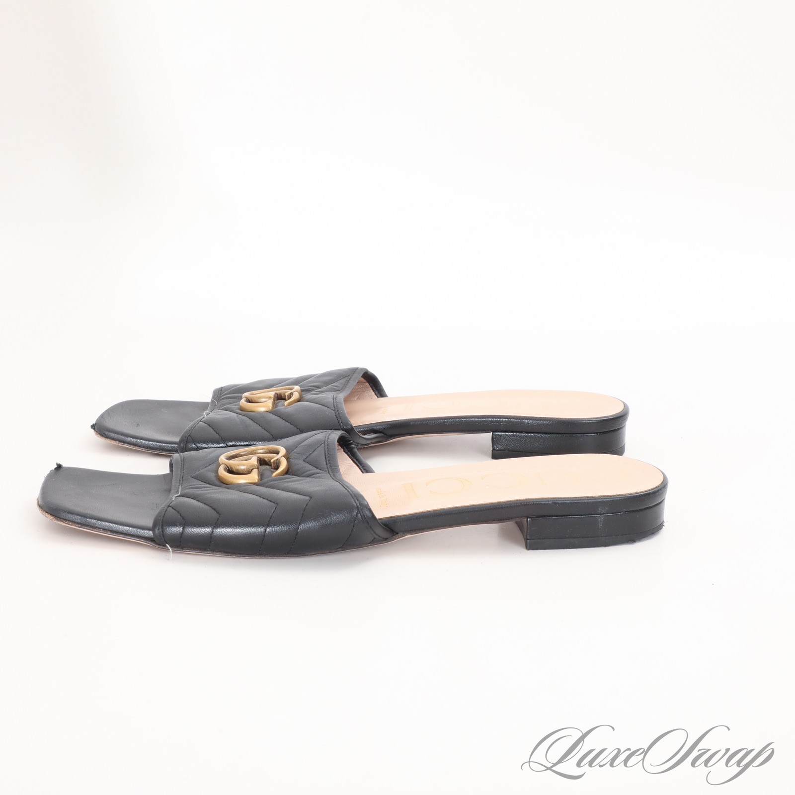Gucci Made in Italy 646169 Double Decorated Marmont G Leather Flat Sandals 41